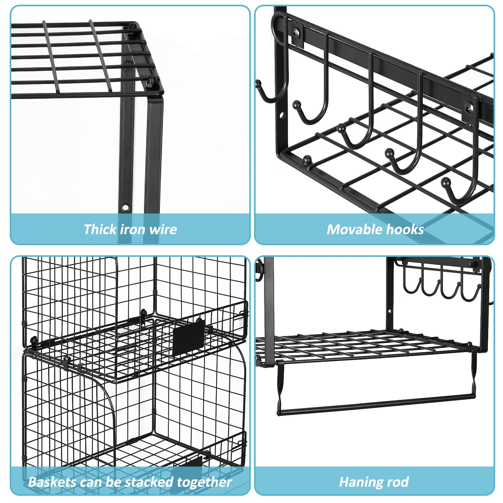 3 Pack Laundry Room Shelves with Wire Storage Baskets - Over Washer and Dryer Organizer with Hanging Rods & Hooks - Space Saving Laundry Storage Solution for Small Spaces, Closets and Utility Rooms