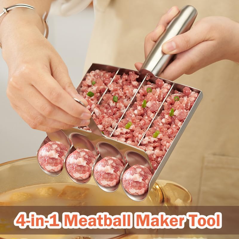 **4-in-1 Stainless Steel Meatball Maker Tool – Meatball Scoop & Mold Set with Spoon (4 Tubes) – Perfect for Homemade Meatballs, Burgers, and Meatloaf – Ideal for Home Chefs & Meal Prep**
