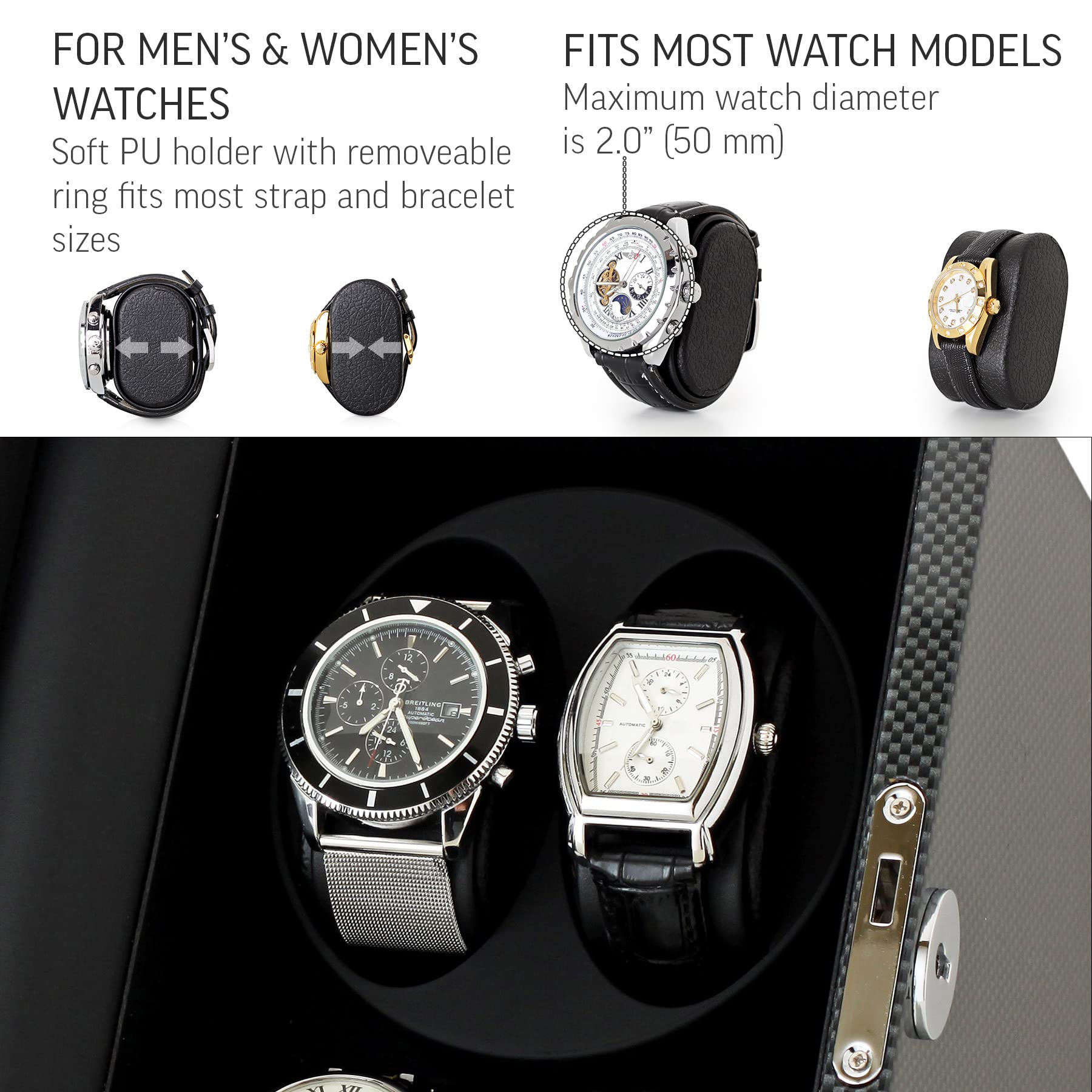 Premium Double Watch Winder with 2 Storage Slots - Automatic Watch Display Case with Quiet Motor & Battery/USB Power Options - Perfect for Watch Collectors & Luxury Watch Storage at Home/Office