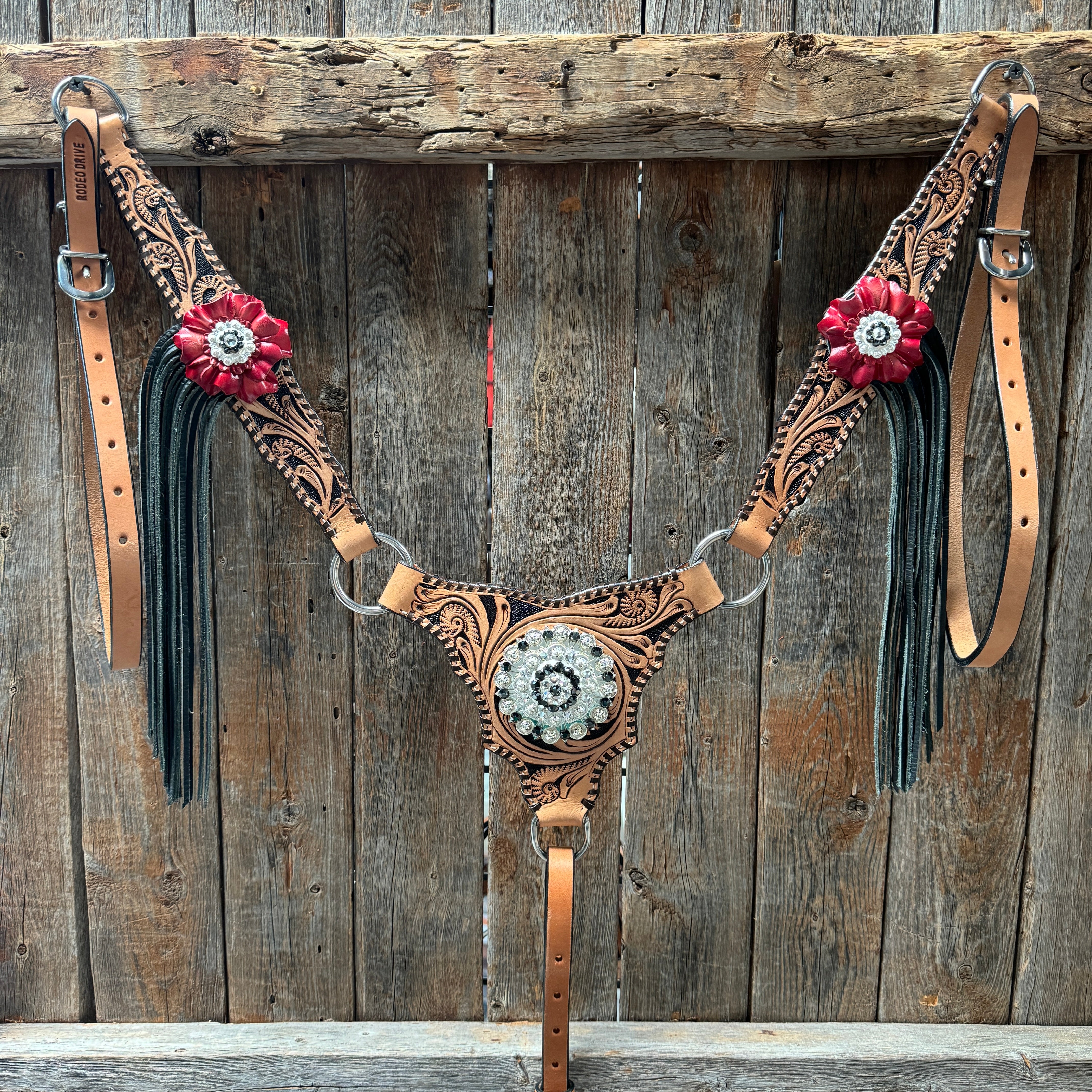 Floral Whipstitch Black and Red Browband with One Ear Triangle & Gladiator Breastcollar Tack Set #BBBC642 for Equestrian Show & Dressage Riding