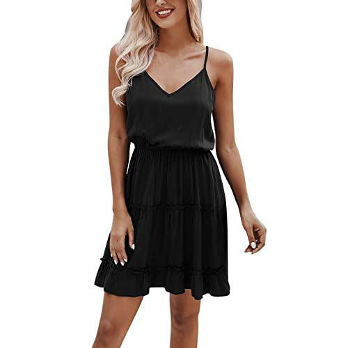 Women's Summer Sundress - Solid Color A-Line Mini Dress Sleeveless Party Dress (Black, Medium) - Perfect for Beach Vacation, Garden Party & Casual Outings
