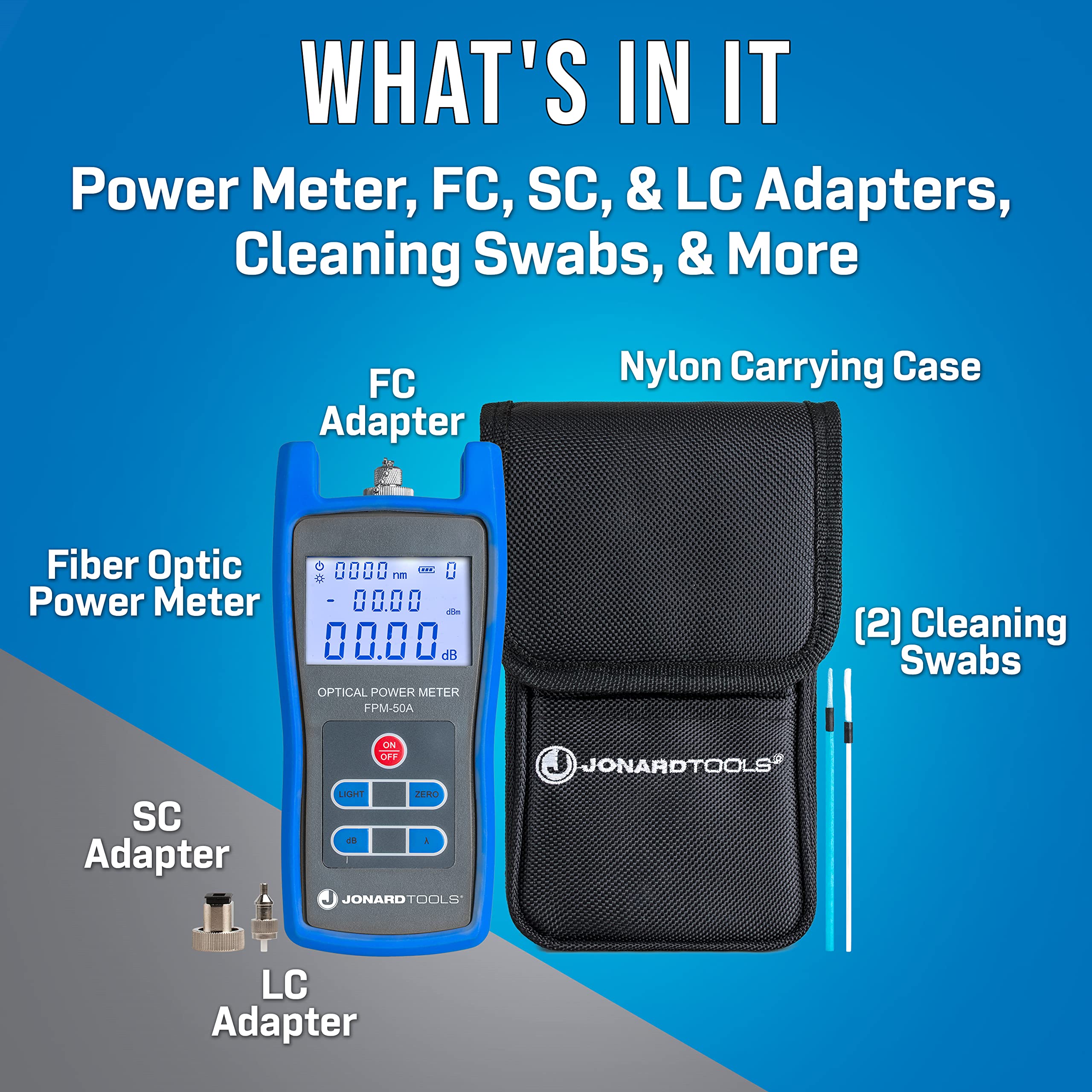Jonard Tools FPM-50A High Precision Fiber Optic Power Meter (-50 to +26 dBm) with FC/SC/LC Adapters - Ideal for Telecom, Data Centers & Network Testing - Includes Carry Case for Easy Transport