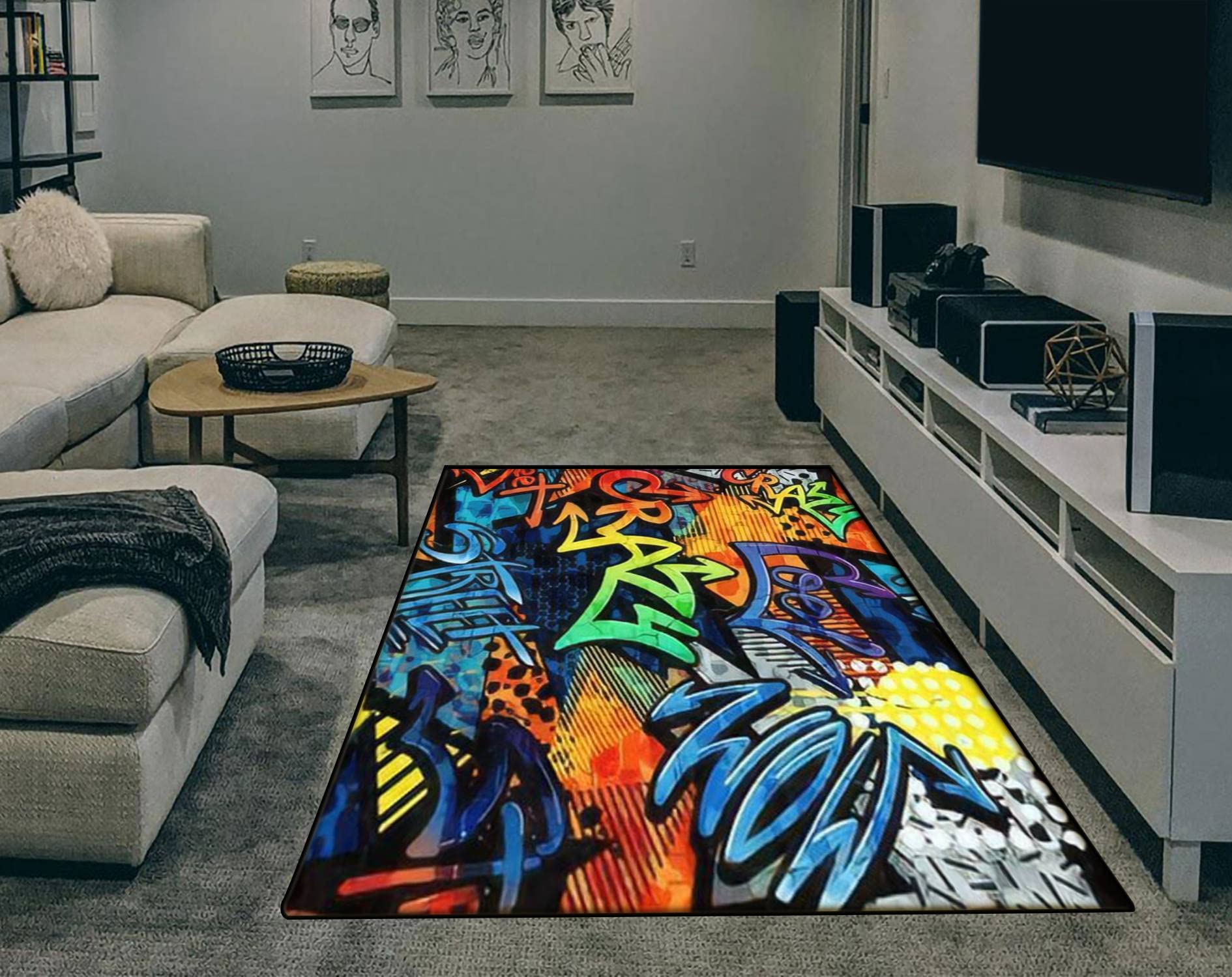 Modern Abstract Area Rugs for Living Room, Kitchen, Bedroom - Stain Resistant Carpet Mat with Graffiti Pattern & Paint Drips - Rectangular Home Decor for Dorm, Office, Nursery & Entryway