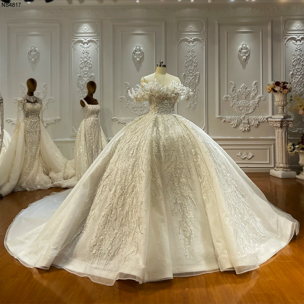 Strapless Lace Appliqué Off-the-Shoulder Ball Gown Wedding Dress - Elegant Bridal Gown for Church Ceremony, Beach Wedding & Formal Reception