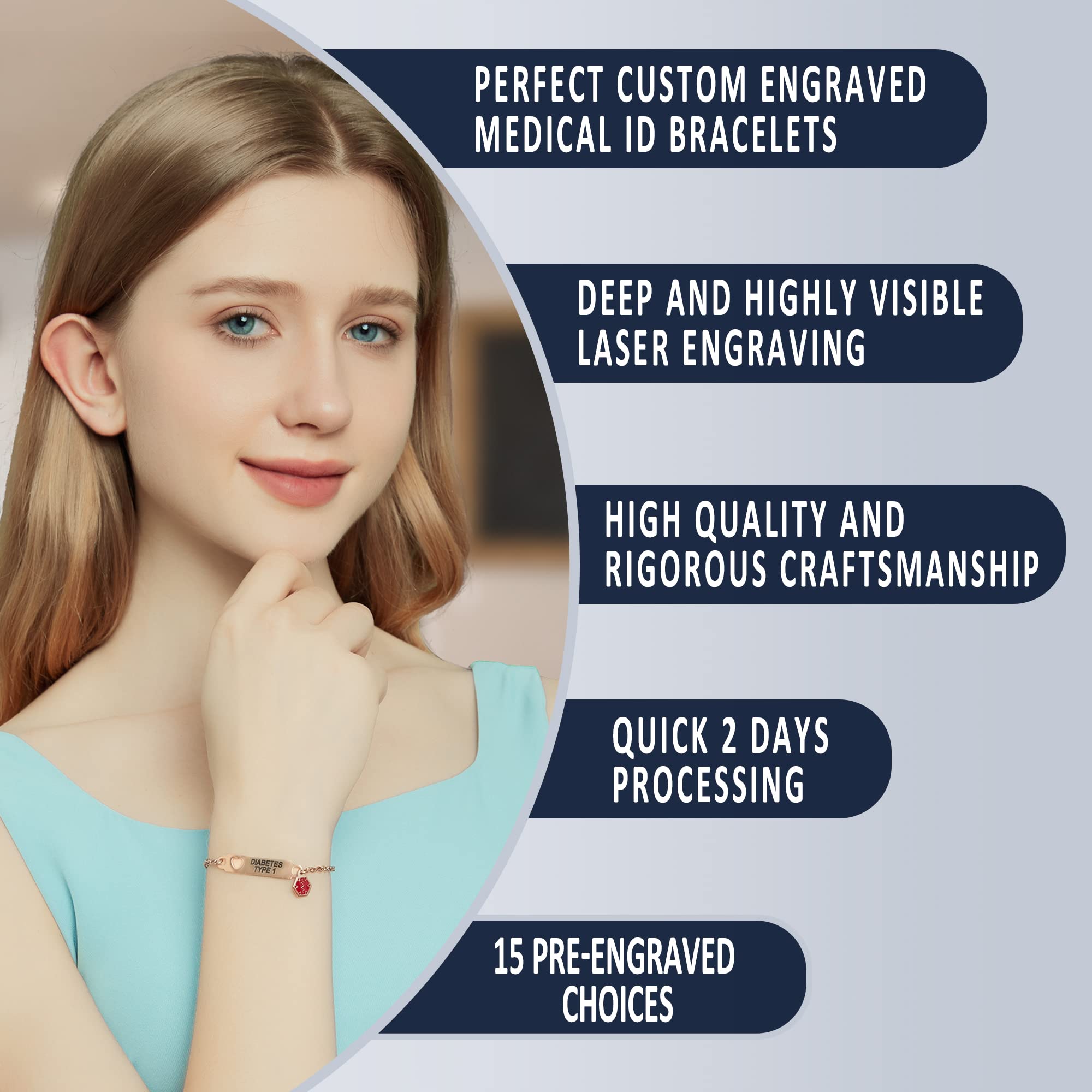 Divoti Pre-Engraved Simple Rolo Chain Medical Alert ID Bracelet for Women - Stylish Safety Jewelry for Emergency Medical Information, Allergies & Conditions - Perfect for Daily Wear, Travel & Outdoor Activities