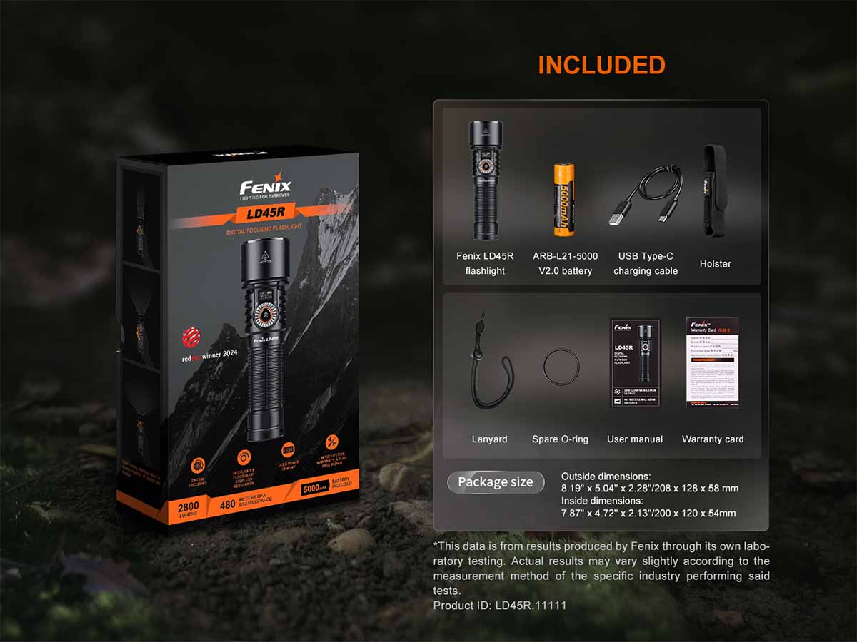 Fenix LD45R Rechargeable Flashlight - 3000 Lumens, Adjustable Beam, IP68 Waterproof - Perfect for Camping, Hiking, and Emergency Use