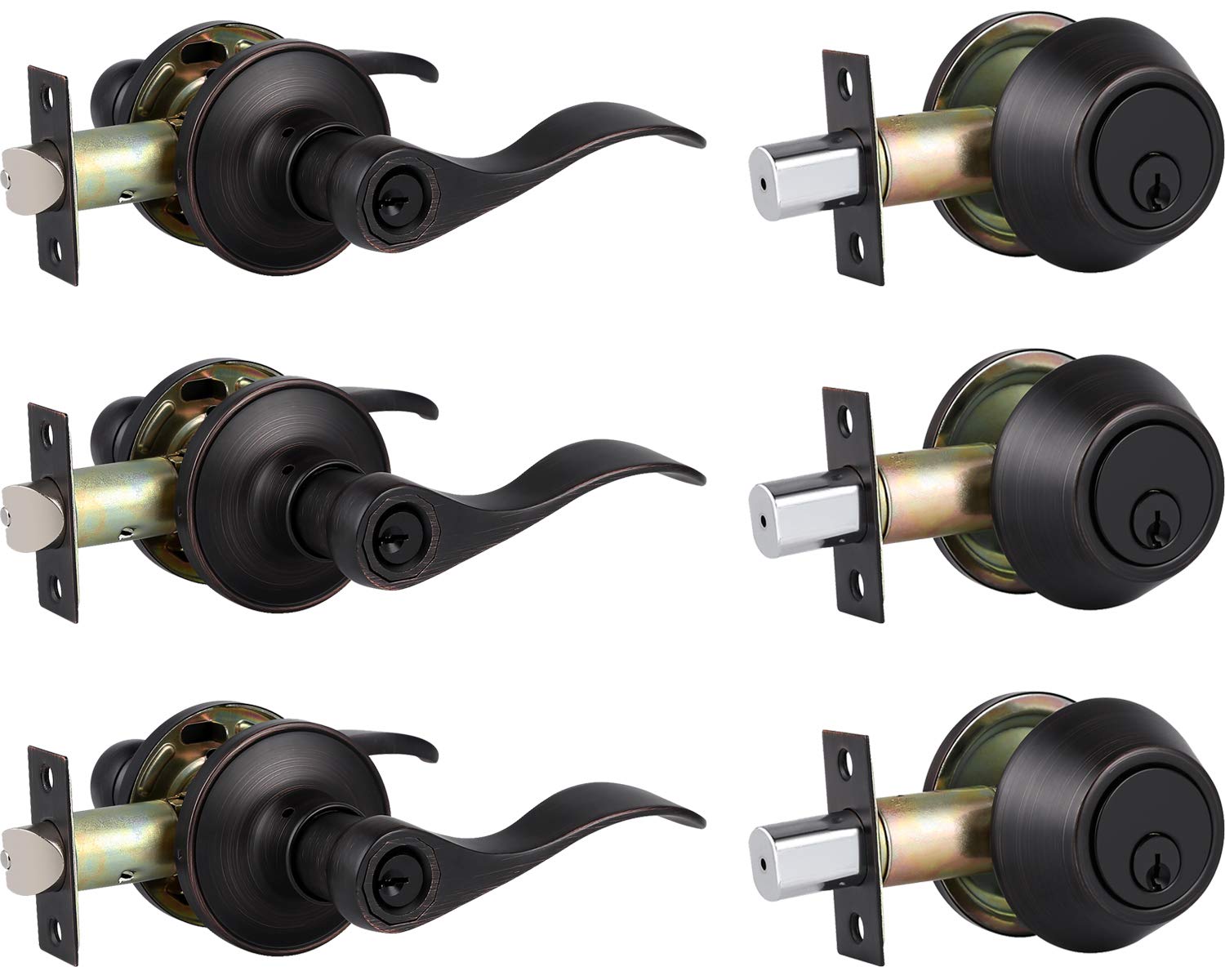 3 Pack Oil Rubbed Bronze Exterior Door Handle with Deadbolt - Wave Style Keyed Alike Entry Lockset for Home Security