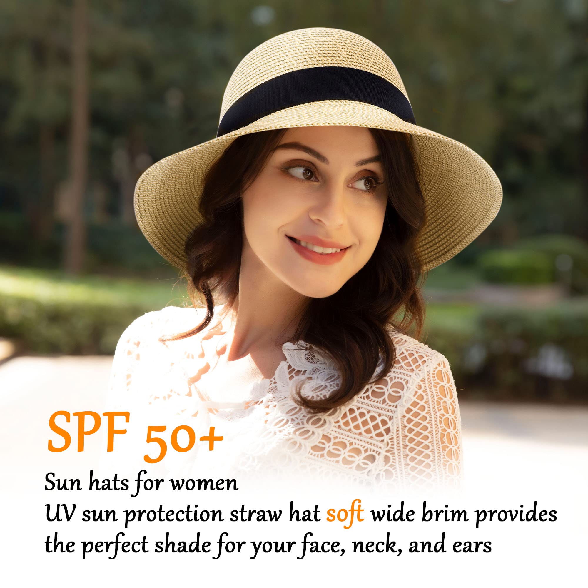 Women's Wide Brim Sun Hat with UPF 50+ UV Protection - Foldable Packable Straw Beach Hat for Summer Outdoor Activities, Travel, Gardening & Vacation