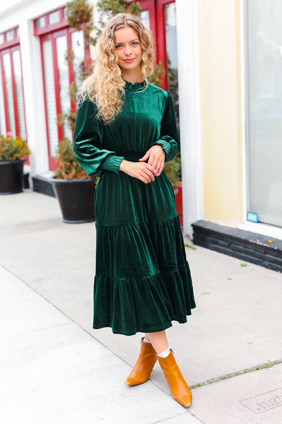 Holiday Dreaming Hunter Green Velvet Mock Neck Smocked Waist Dress for Women - Elegant Holiday Party & Christmas Dinner Outfit