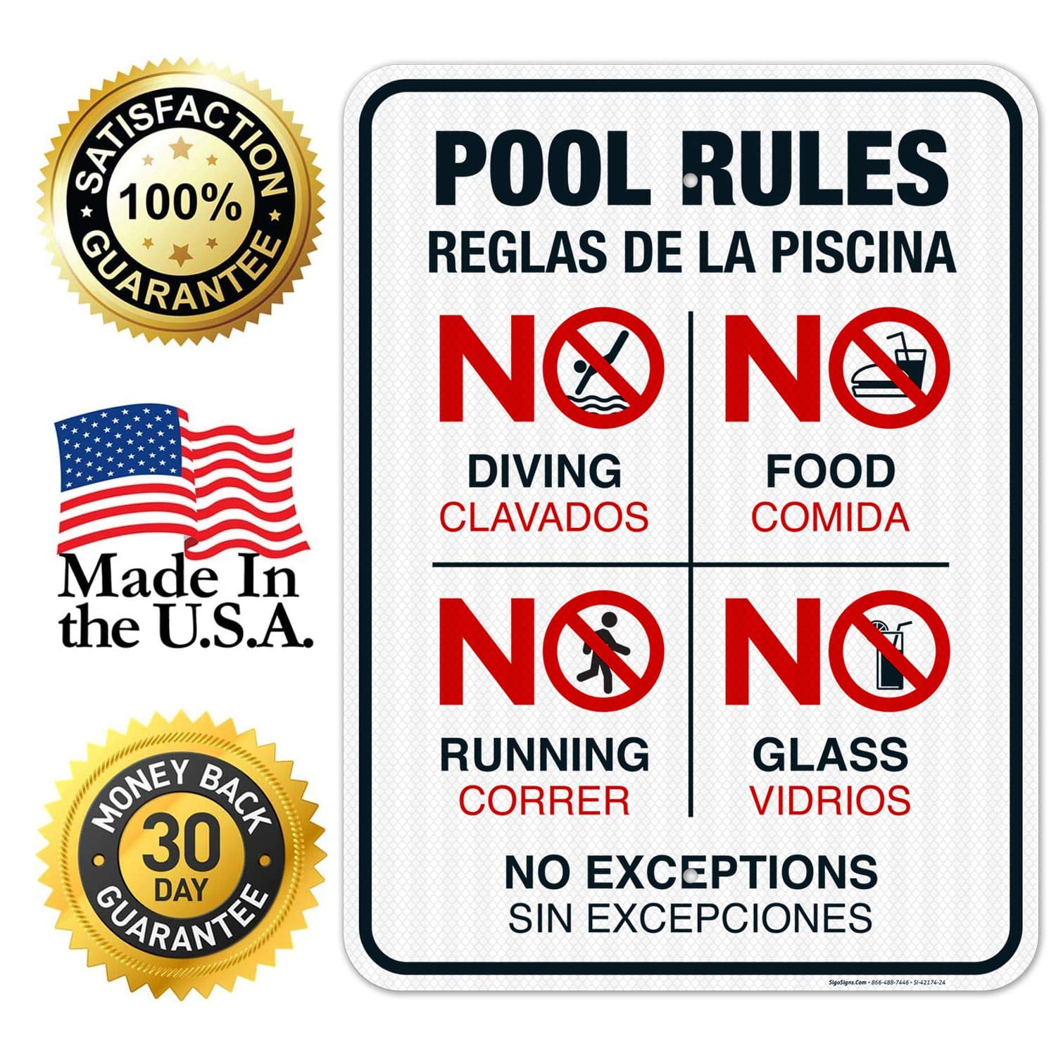 Bilingual Pool Rules Sign - No Diving, No Running, No Food, No Glass | 18x24 Inches | 3M EGP Reflective .080 Aluminum | Fade Resistant | Indoor/Outdoor Use | Made in USA | Perfect for Public Pools, Water Parks & Backyard Swimming Areas