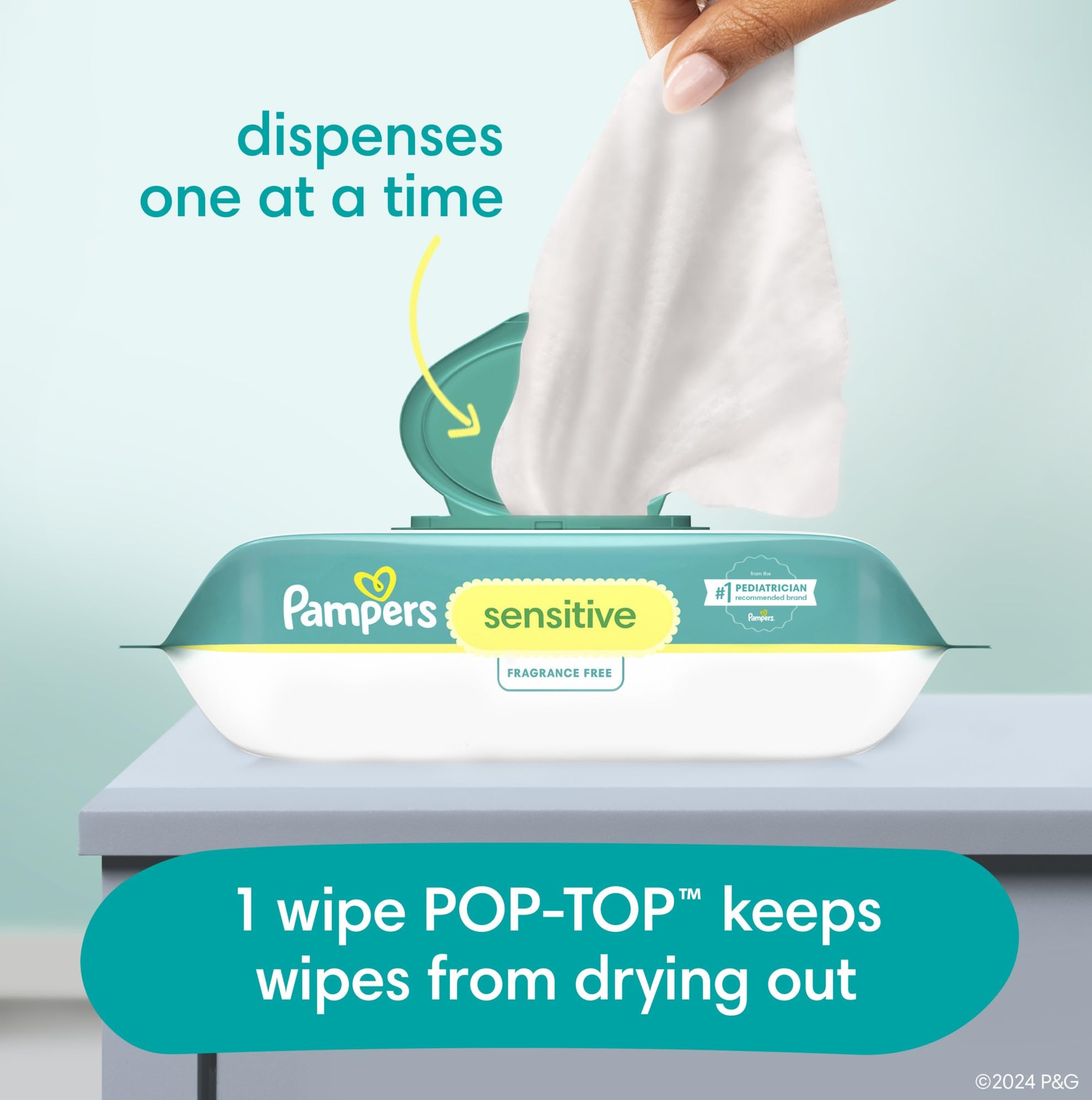 Pampers Sensitive Baby Wipes - Fragrance Free, Hypoallergenic, 12 Pop-Top Packs (1008 Count) | Gentle for Newborn Skin, Diaper Changes & On-The-Go Cleaning
