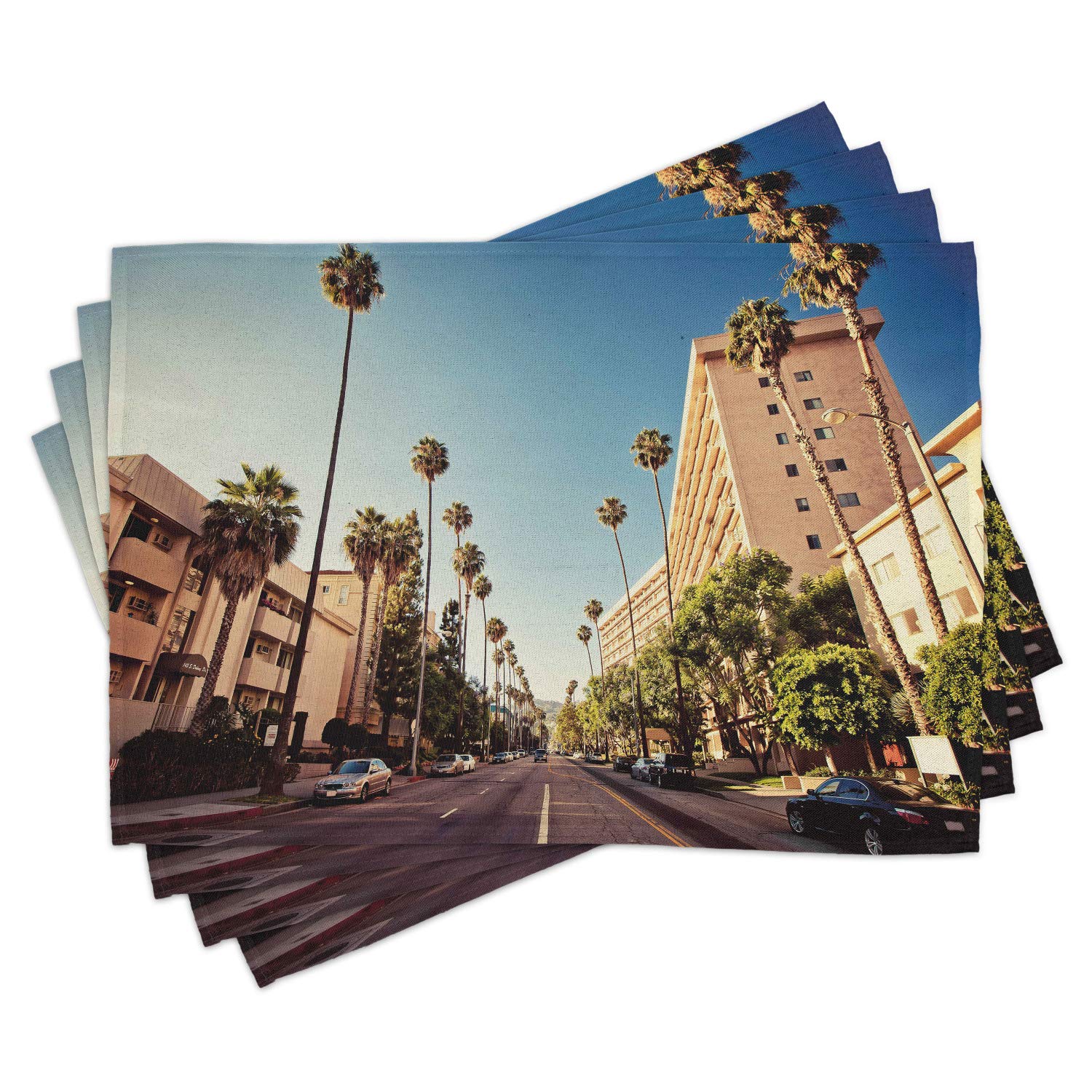 Ambesonne Urban Place Mats Set of 4 - Beverly Hills California Street Scene with Palm Trees & Houses - Washable Fabric Placemats for Dining Table & Kitchen Decor in Pale Blue, Peach & Green - Perfect for Dinner Parties, Family Gatherings & Home Styling