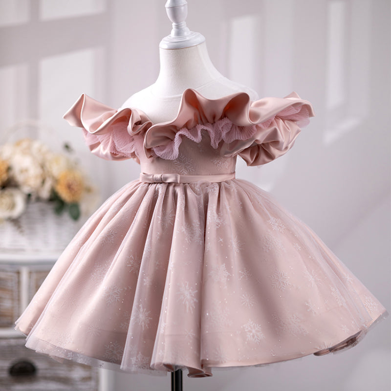 Elegant Pink Puffy Princess One Shoulder Dress for Baby Girls - Perfect for Baptism, Christening, and Special Occasions