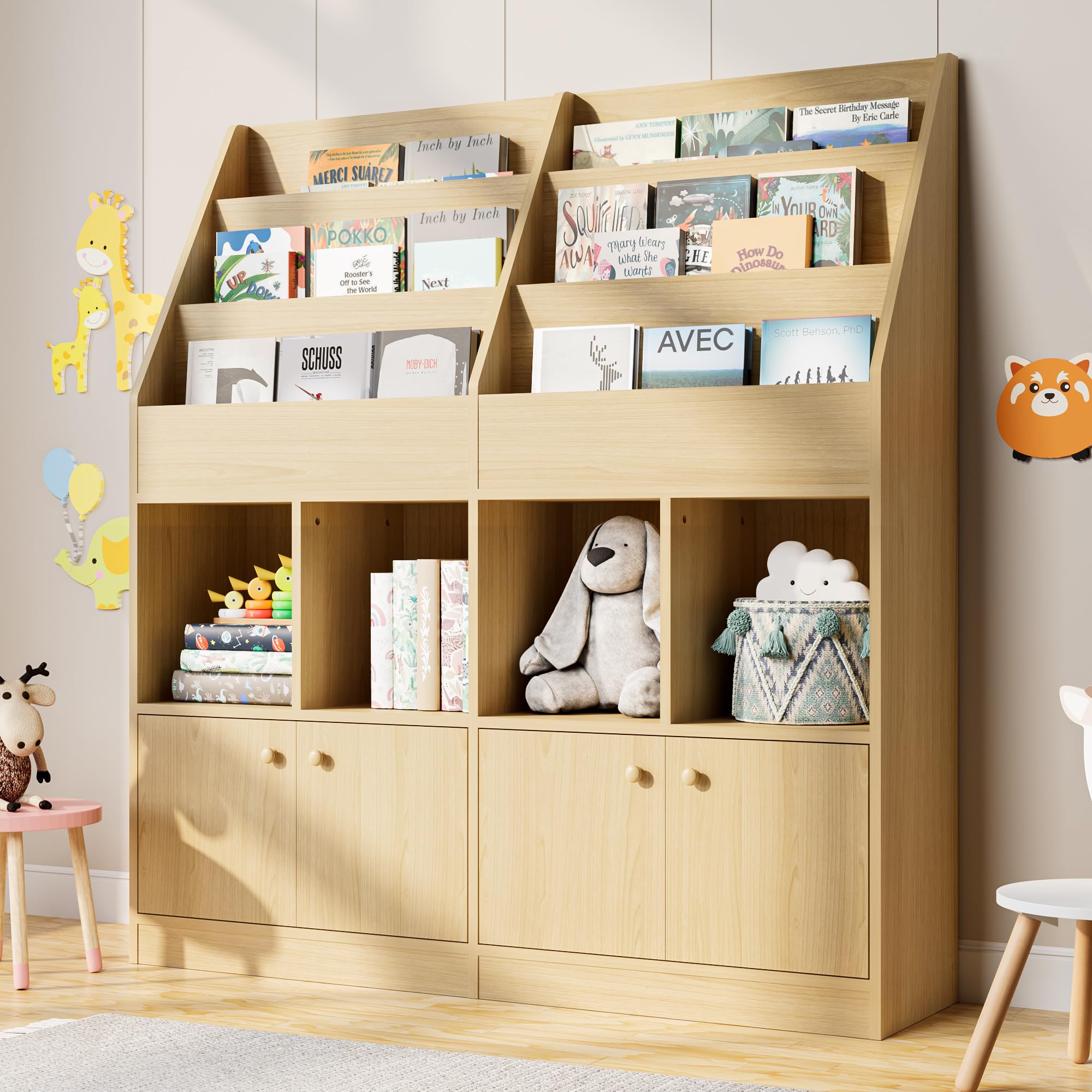 Cozy Castle 3-Tier Kids Bookshelf with 4 Cubbies & 2 Cabinets - Multifunctional Toy Storage Organizer for Playroom, Nursery & Bedroom - Durable Oak Wood Bookcase for Children's Books & Toys