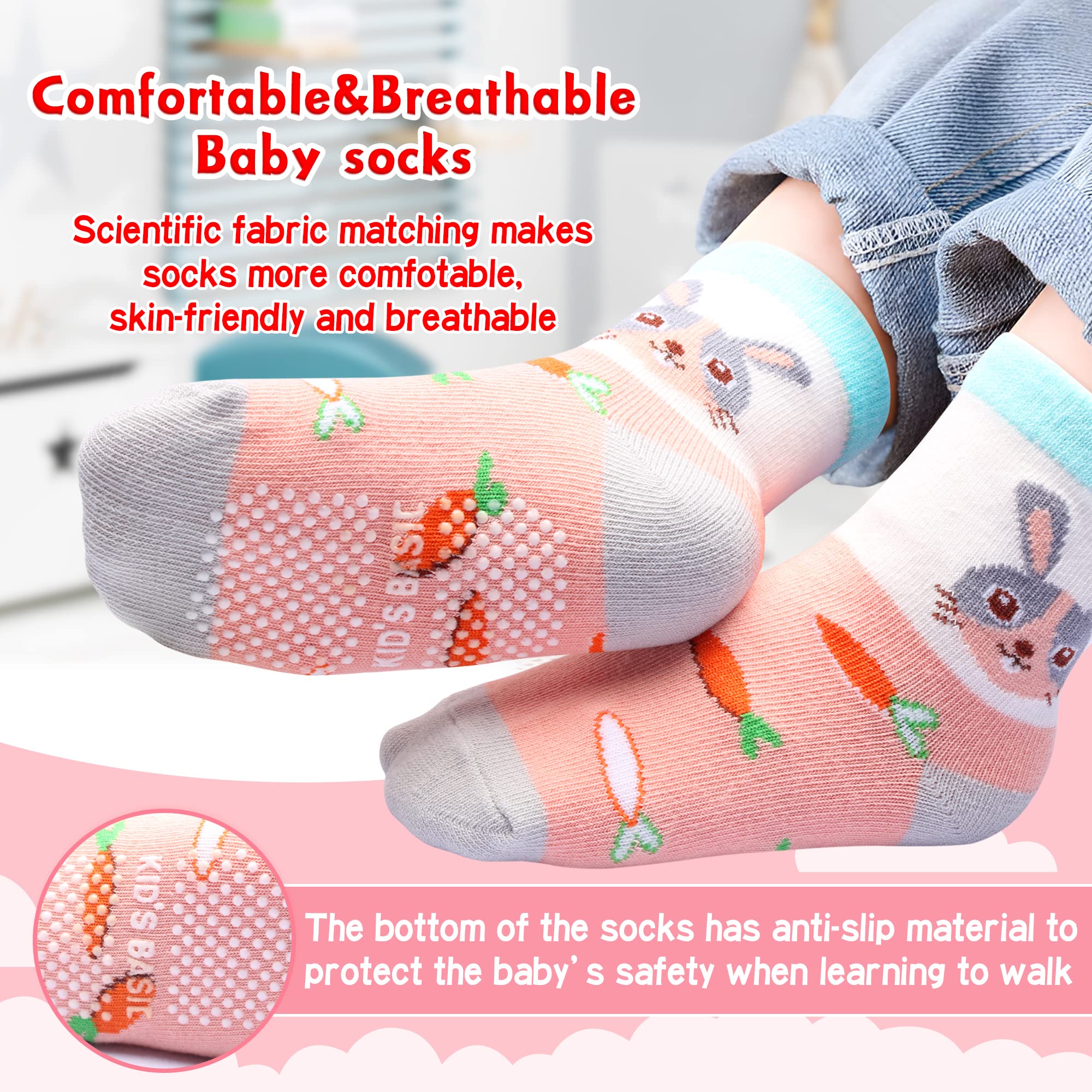 Non-Slip Cotton Crew Socks for Toddlers 1-7 Years | 12 Pairs Unisex Baby Socks with Grips | Soft & Comfortable for Boys & Girls 12-24 Months | Perfect for Playtime, Daycare & First Steps
