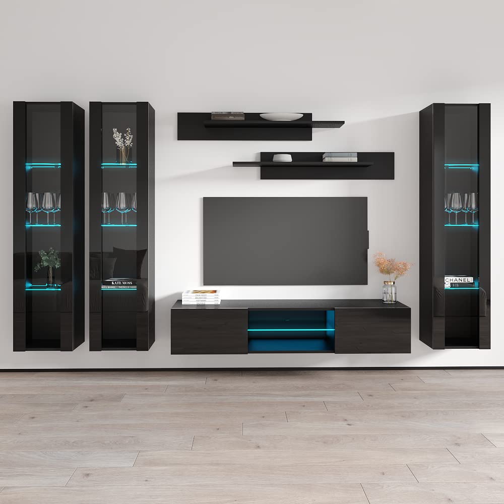 Modern Wall-Mounted TV Stand with Storage Shelves & LED Lights - Floating Entertainment Center Console for Living Room & Bedroom - Black | Perfect for Small Spaces & Home Theater Setup