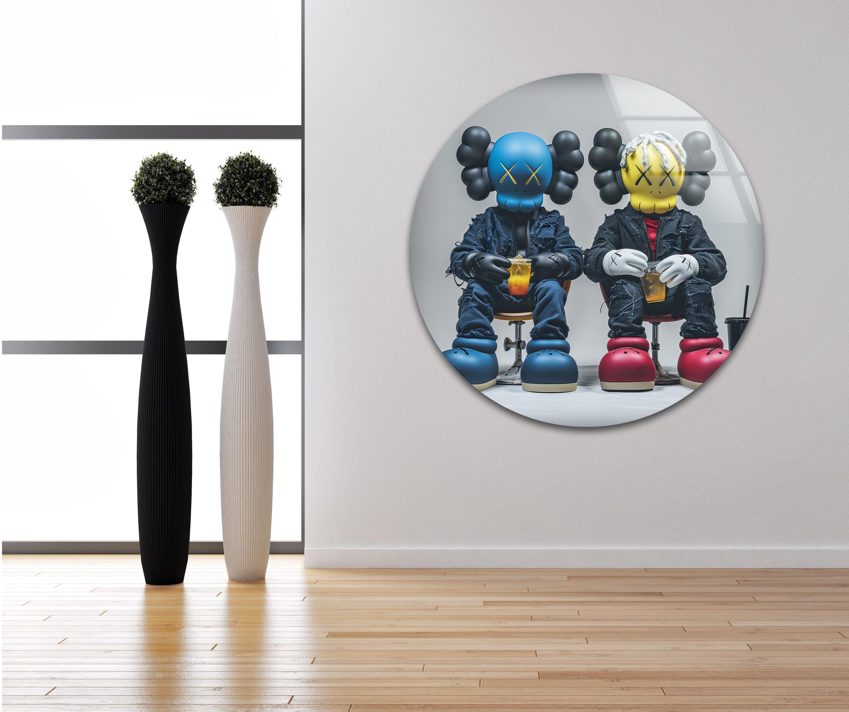 Blue & Yellow KAWS Wall Art Glass Decor - Modern Home & Office Decor for Living Room, Bedroom, or Gift