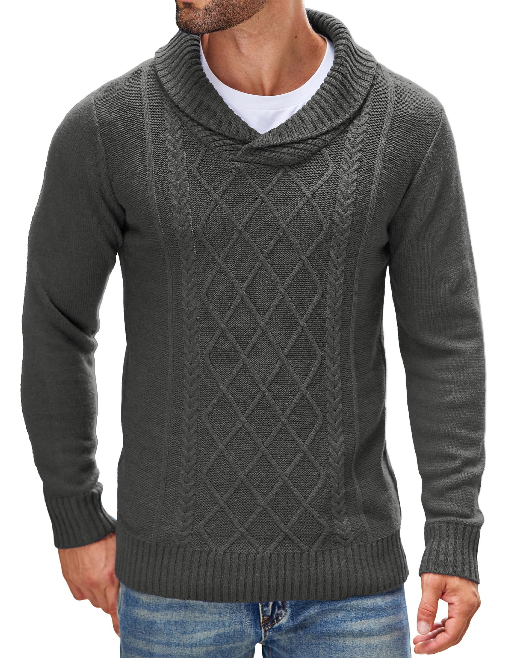 COOFANDY Men's V-Neck Cable Knit Sweater - Shawl Collar Relaxed Fit Pullover for Casual Wear & Winter Outfits