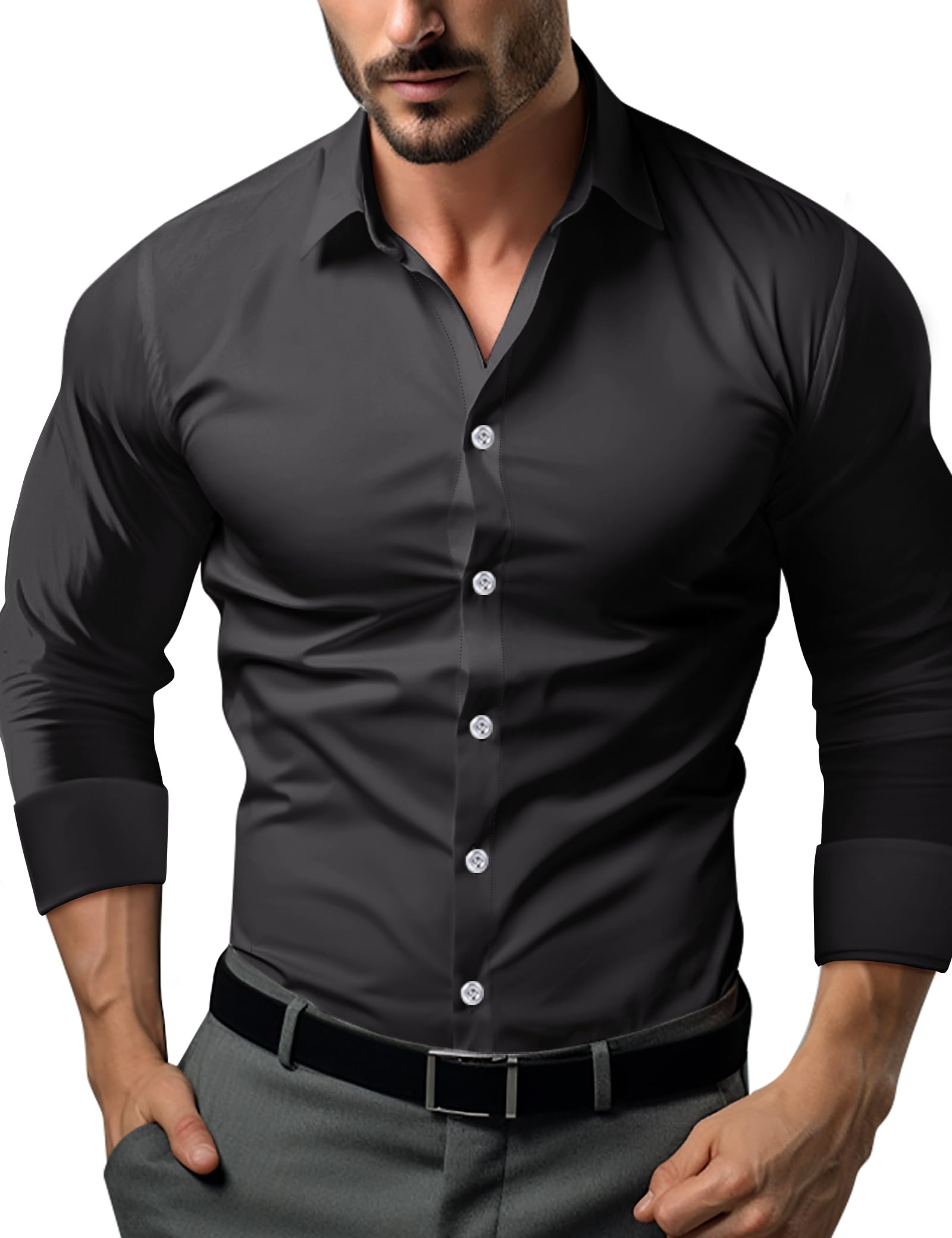 Men's Slim Fit Stretch Muscle Dress Shirt - Solid Long Sleeve Business Casual Button Down Shirt for Athletic Build | Perfect for Office, Meetings & Formal Events