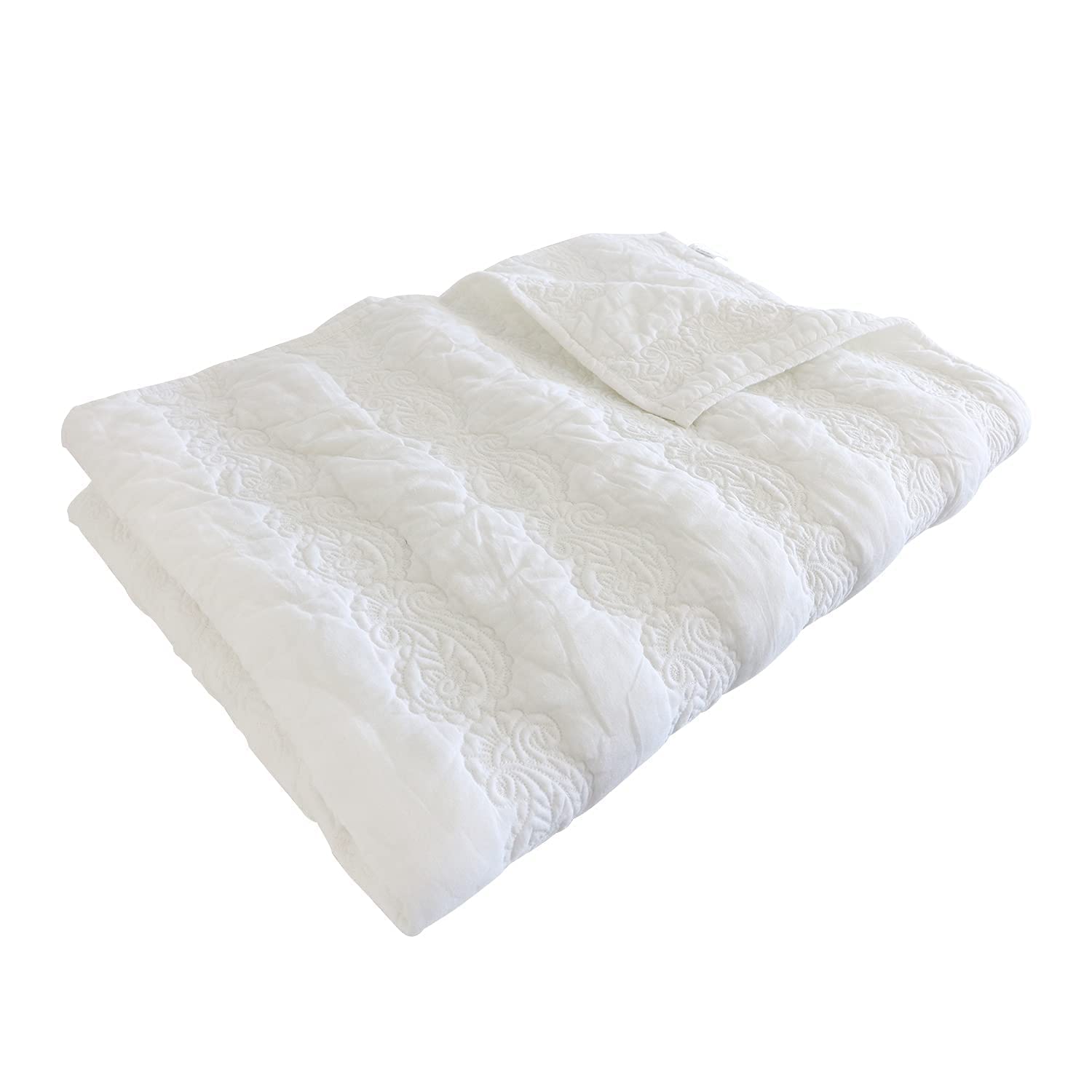 Brandream White Paisley Quilted Throw Blanket - Soft Cotton Farmhouse Style Blanket 47x60 Inches - Cozy Warm Bedspread for Bed, Couch, Daybed - Perfect for Living Room, Nursery & Winter Snuggling