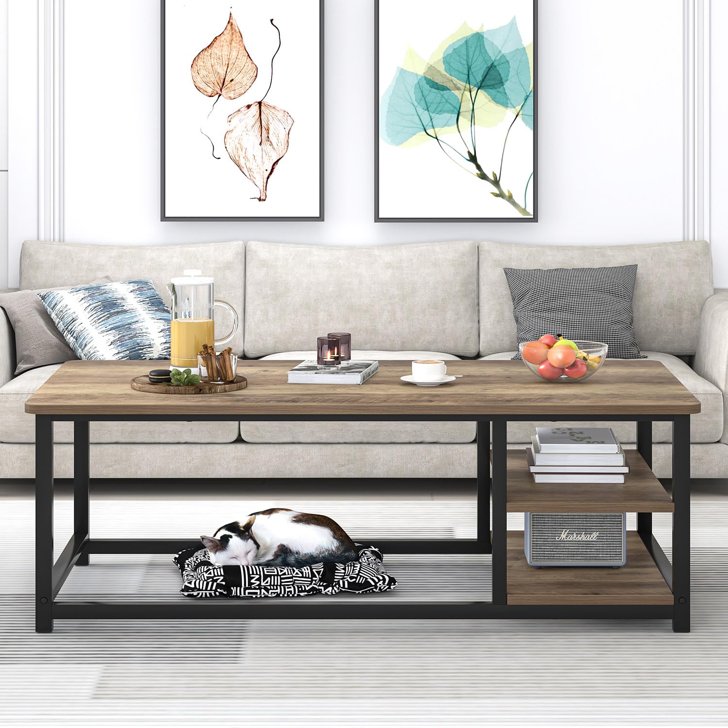 EXCEFUR 47 Inch Coffee Table with Storage Shelf - Modern Wood and Metal Center Table for Living Room, Rustic Oak Finish - Perfect for Small Spaces, Home Decor & Entertaining Guests
