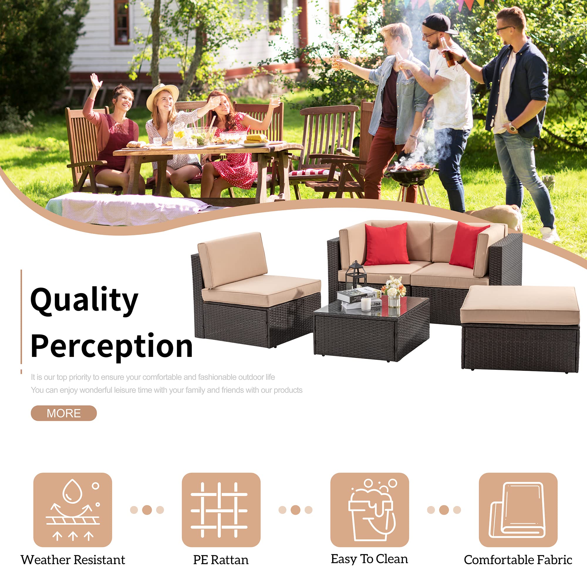 **Shintenchi 5-Piece All-Weather Outdoor Patio Furniture Set - PE Rattan Wicker Sectional Sofa with Glass Table, Ottoman, Cushions & Red Pillows - Perfect for Backyard, Garden, and Poolside Relaxation**