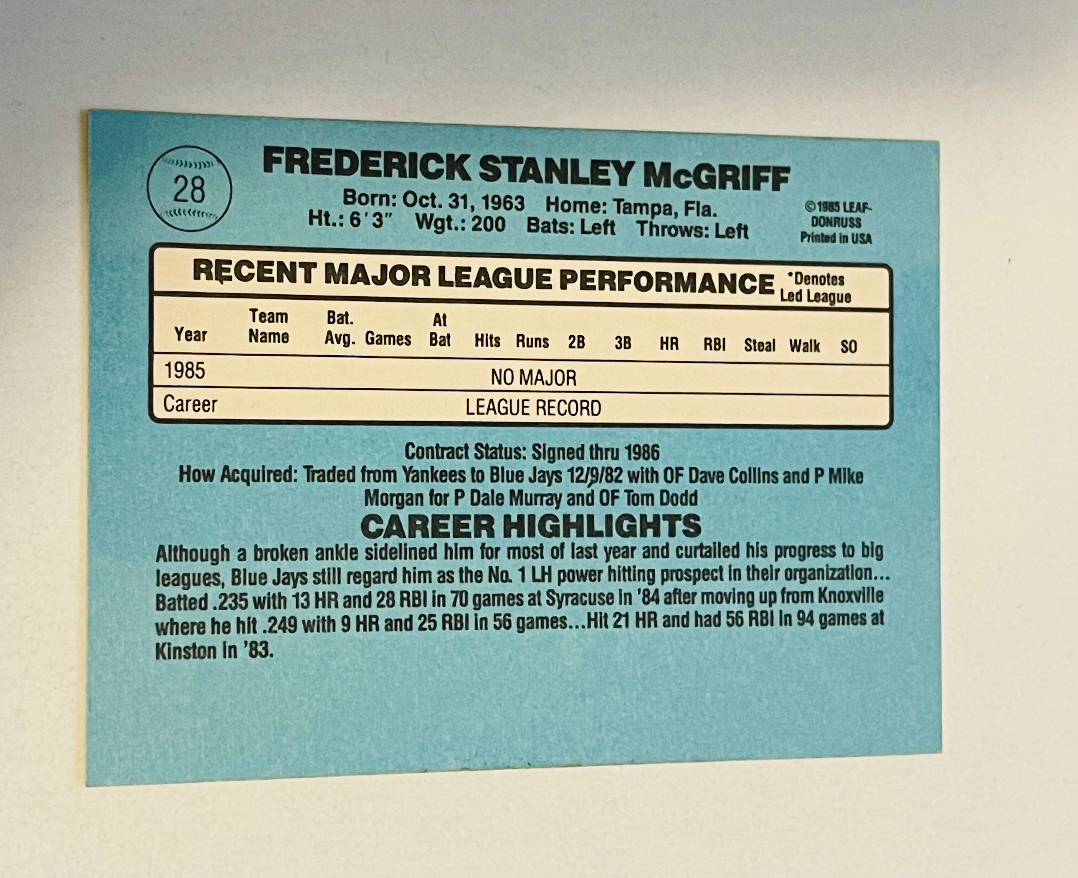1986 Fred McGriff Toronto Blue Jays Rookie Baseball Card - Collectible Sports Memorabilia for Fans & Investors