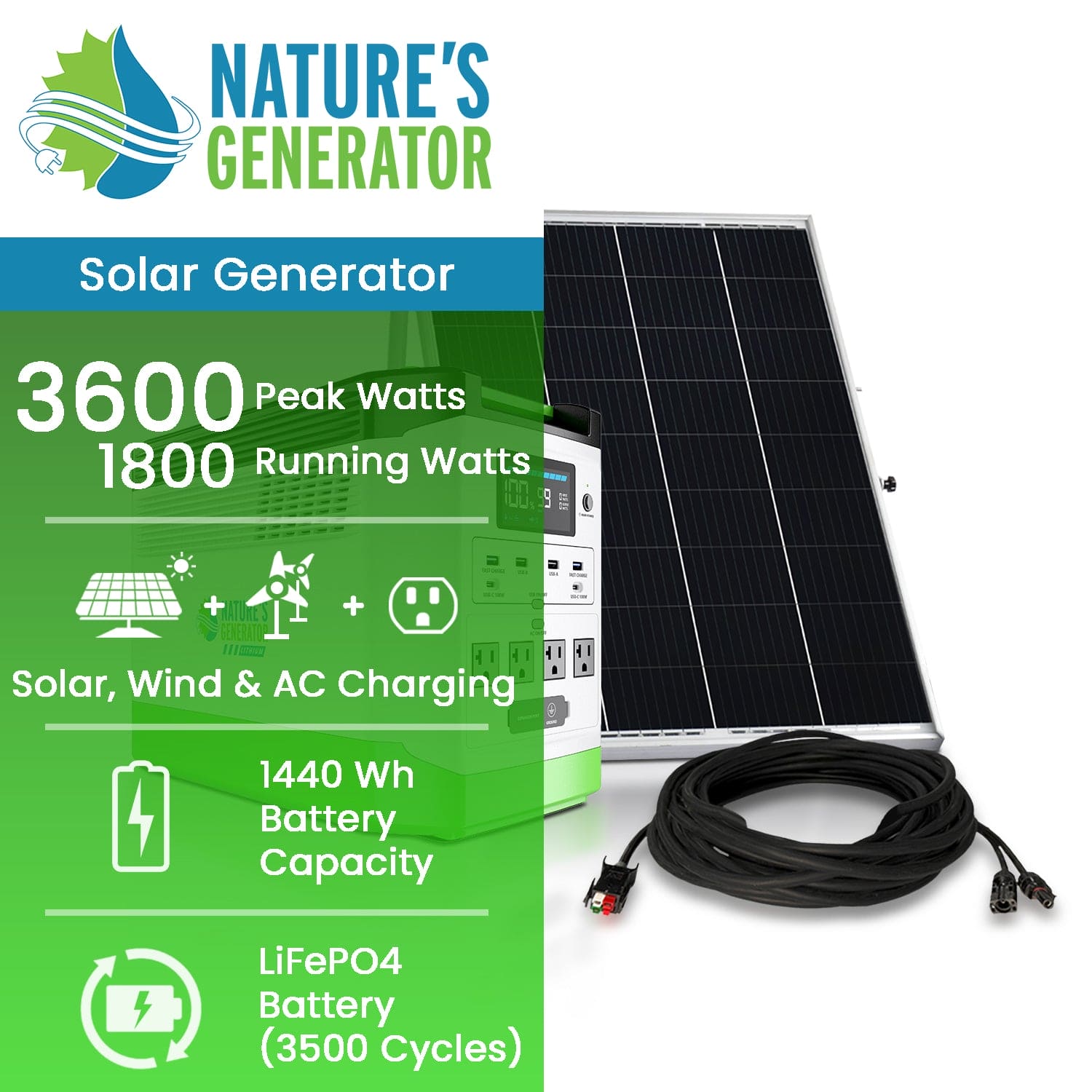 Nature's Generator Lithium 1800 Solar Power Station - Portable Solar Generator for Camping, RV Trips & Emergency Power Backup