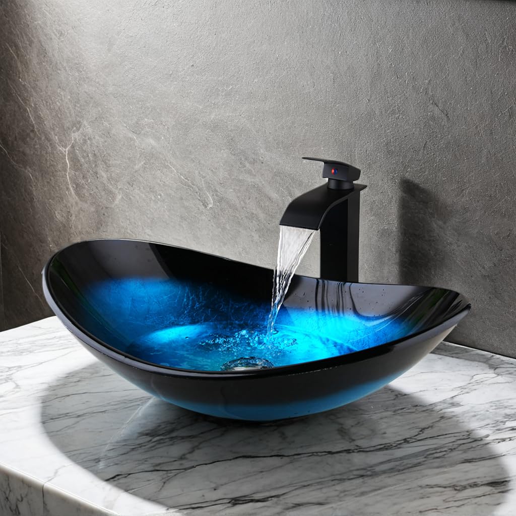 Blue Oval Glass Vessel Sink with Waterfall Faucet & Pop-Up Drain - Artistic Tempered Glass Bathroom Sink for Modern Countertop Vanities, Spa Bathrooms & Luxury Home Decor