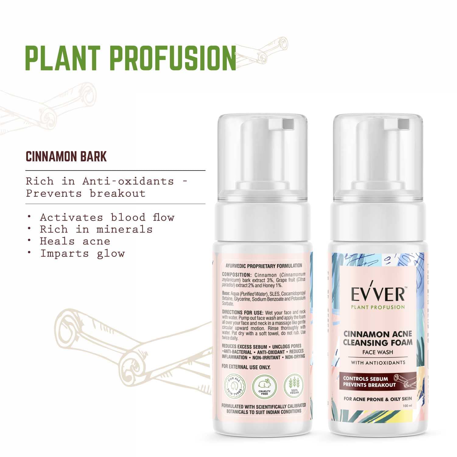 **Essentium Phygen Evver Cinnamon Acne Cleansing Foam with Tea Tree Oil – 100ml – Deep Cleansing for Oily & Acne-Prone Skin – Perfect for Daily Face Wash Routine**