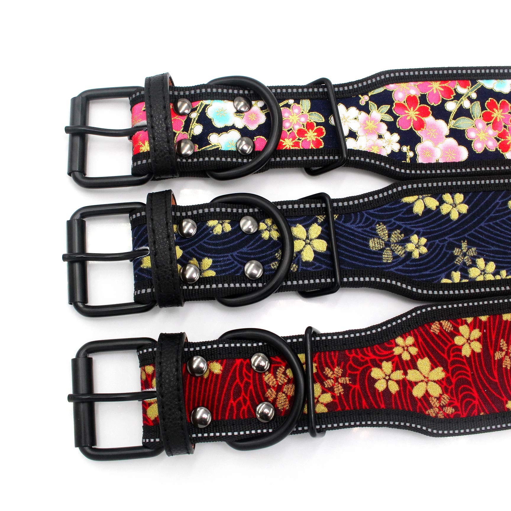Reflective Nylon Wide Dog Collar - Fashion Printed Adjustable Pet Collar for Medium & Large Dogs - Pitbull & French Bulldog - Sizes S/M/L (Large, C) - Perfect for Night Walks & Outdoor Adventures