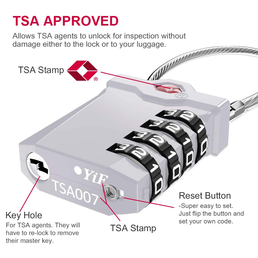 TSA Approved 4-Digit Combination Luggage Locks - Flexible Cable Travel Lock with White Numbers for Suitcases, Gym & School Lockers (Silver) | Secure Your Bags During Air Travel, Gym Sessions & Campus Life