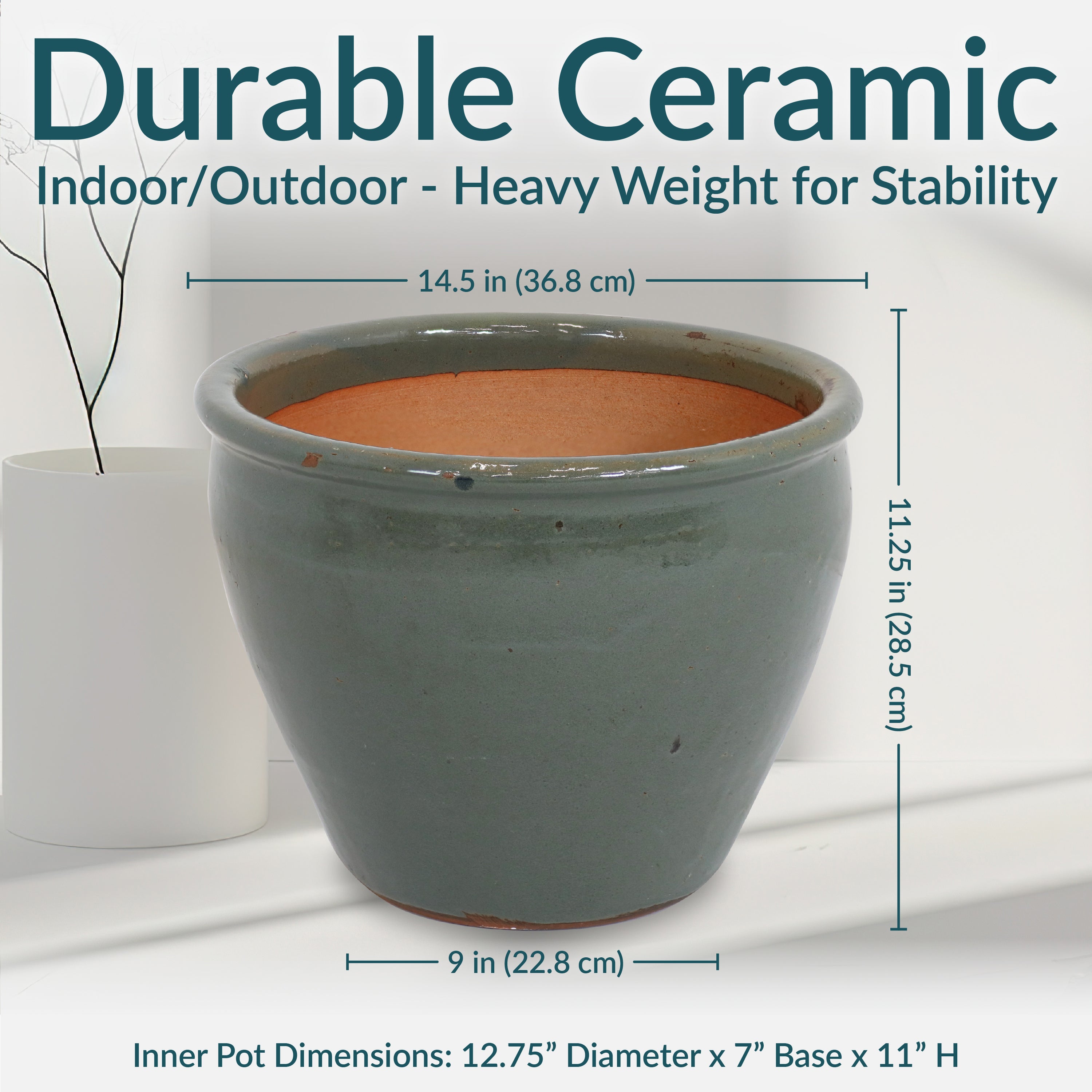 Sunnydaze Chalet Round Glazed Ceramic Planter with Drainage Hole - Outdoor Garden Flower Pot for Patio, Balcony & Home Decor