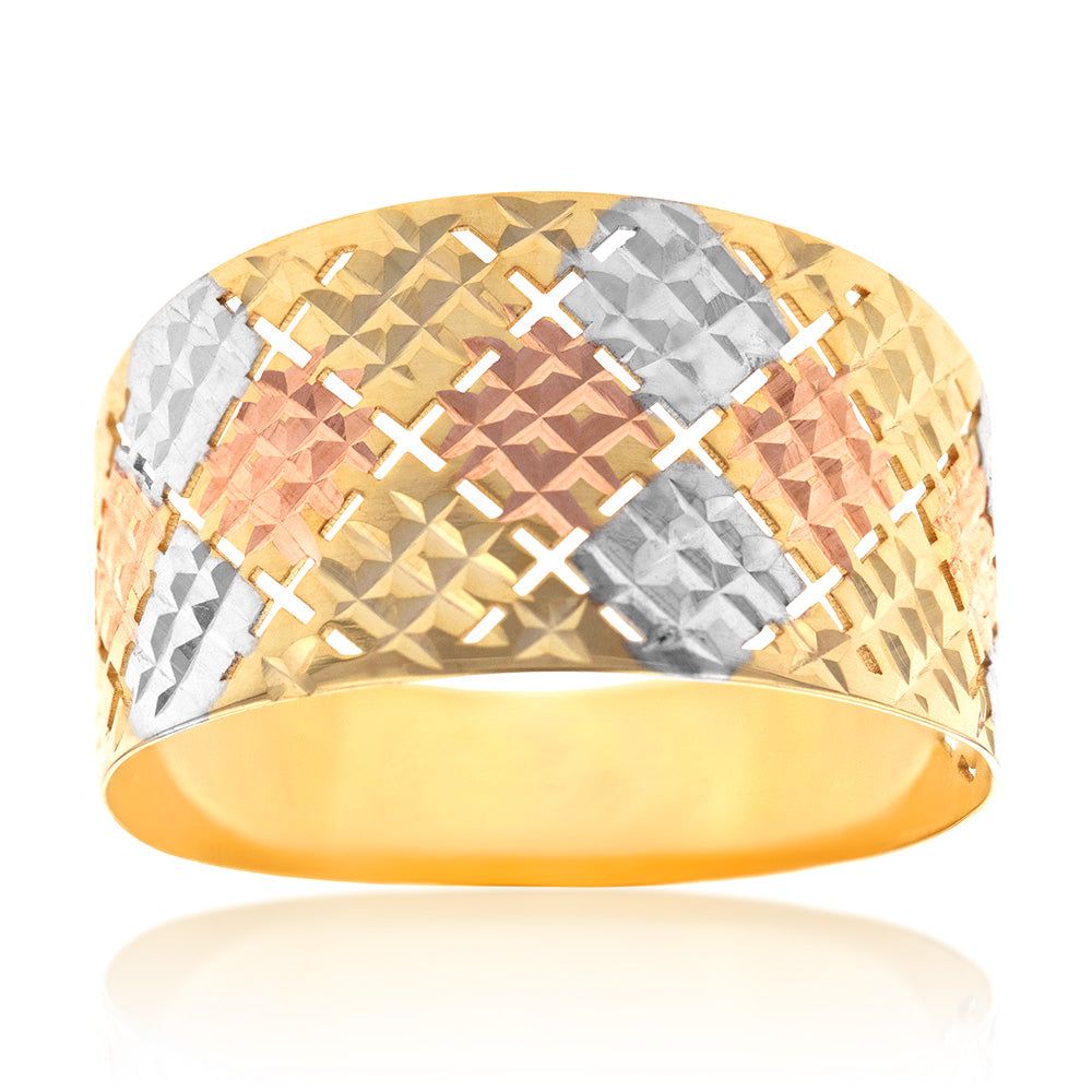 9ct Yellow and White Gold Patterned Broad Band Ring for Women - Elegant Stackable Wedding, Engagement, or Fashion Jewelry - Perfect for Gifts, Anniversaries, and Special Occasions