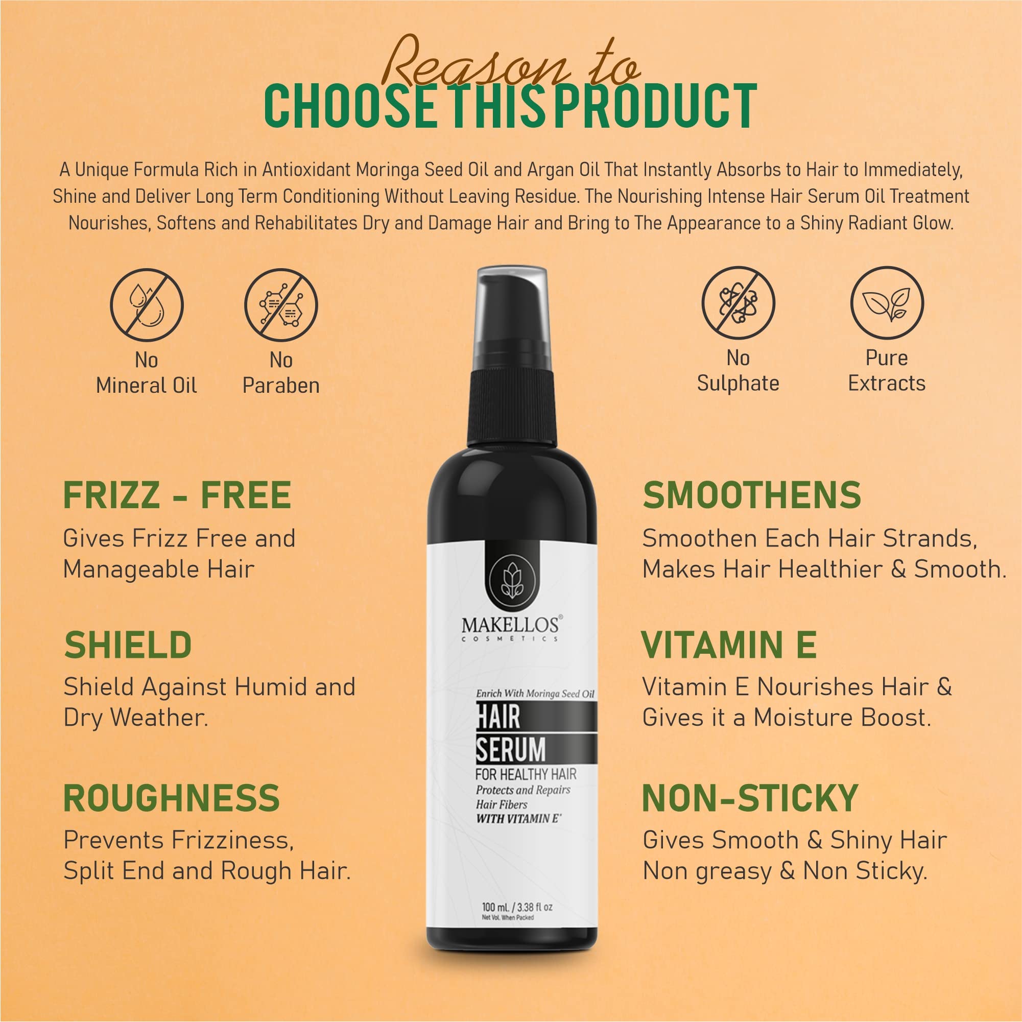 MAKELLOS Hair Repair Serum for Dry & Damaged Hair - Moringa Seed Oil & Vitamin E Treatment for Frizz Control, Hair Growth & Shine (100ml) | Best for Daily Use, Salon Results at Home