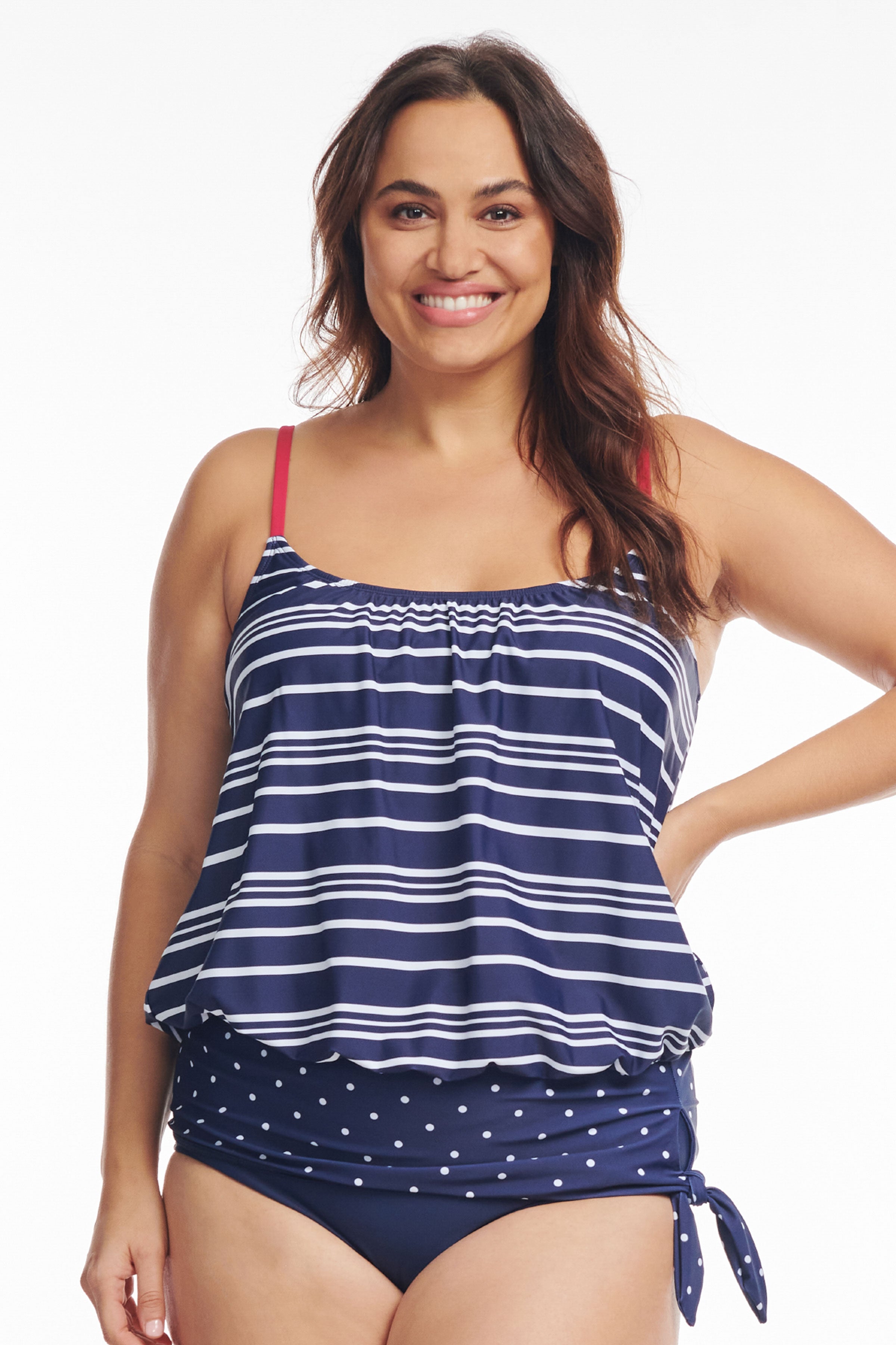 Plus Size Wide Band Blouson Tankini Top - Electric Striped Swimwear for Women | Beach Vacation, Pool Party & Summer Swimwear