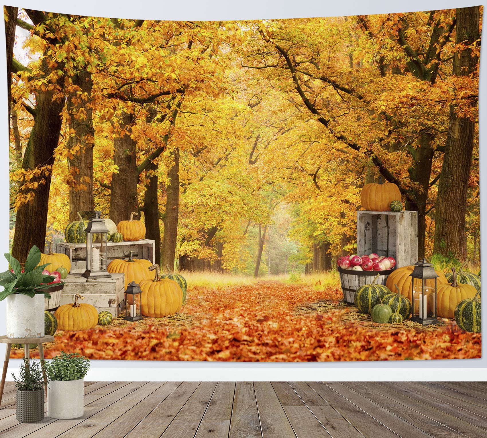 HVEST Fall Tapestry Wall Hanging - Rustic Crop Pumpkins, Orange Maple Forest, Autumn Natural Scenery, 80Wx60H Inches, Perfect for Living Room, Bedroom, Farmhouse, Holiday Party Decor, and Seasonal Home Styling