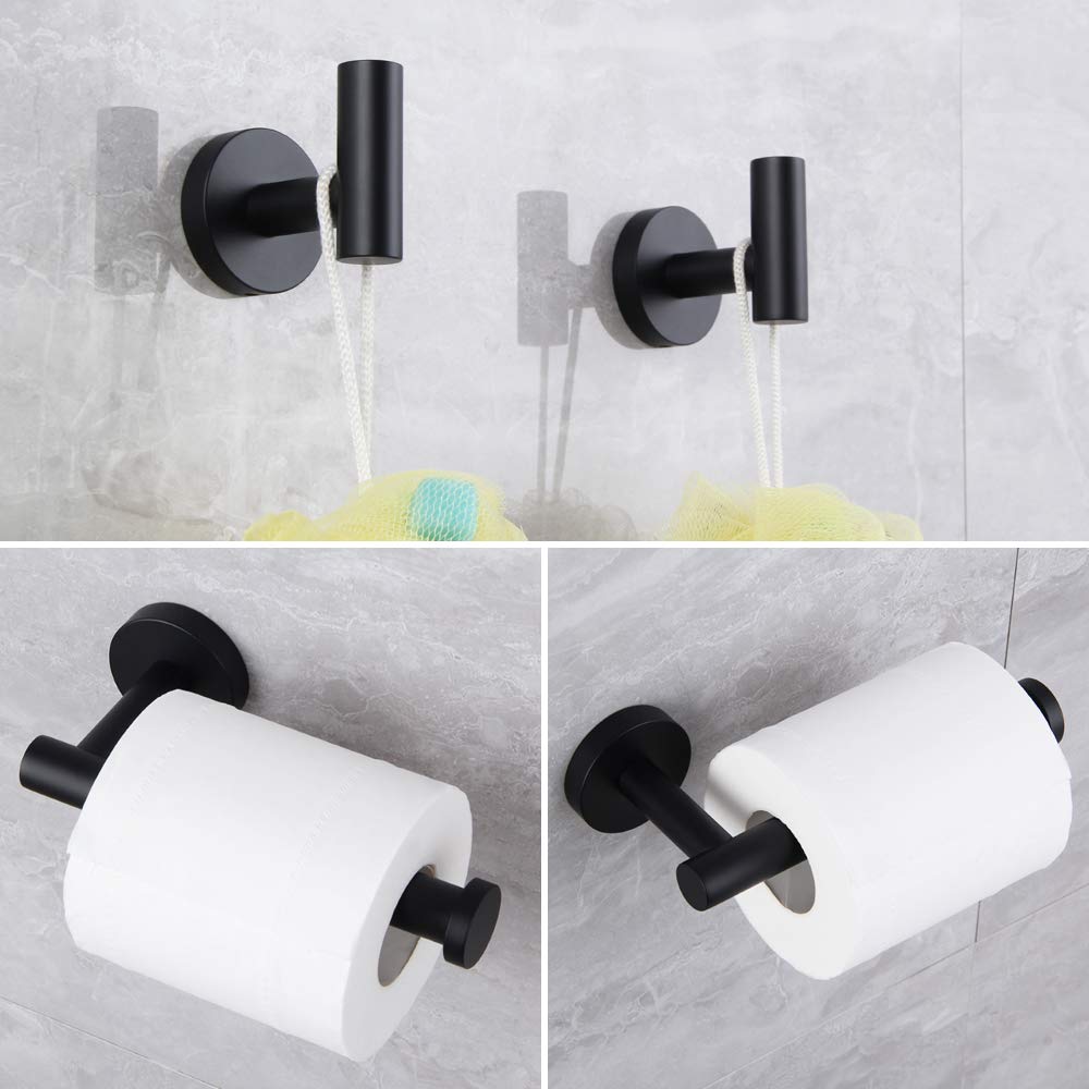 Premium Matte Black Bathroom Accessories Set - 3-Piece SUS 304 Stainless Steel Wall Mounted Kit with Toilet Paper Holder & 2 Robe Hooks | Modern Bathroom Hardware for Home, Hotel & Spa Decor
