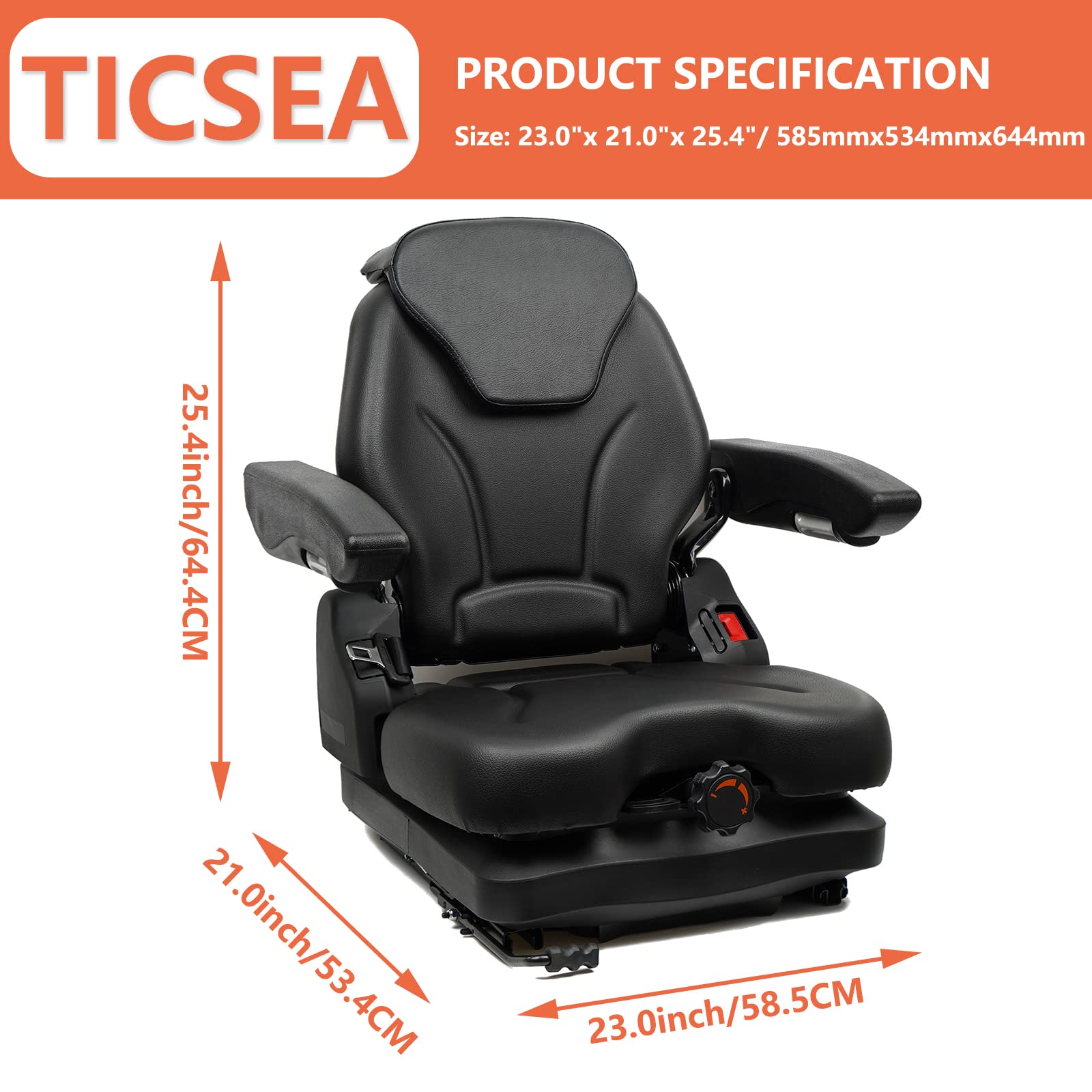 Heavy Duty Tractor Suspension Seat with Adjustable Backrest, Micro Switch & Seatbelt - Foldable Forklift Seat with Armrests for Tractors, Mowers, Excavators & Harvesters - Ideal for Farming, Construction & Landscaping Operations