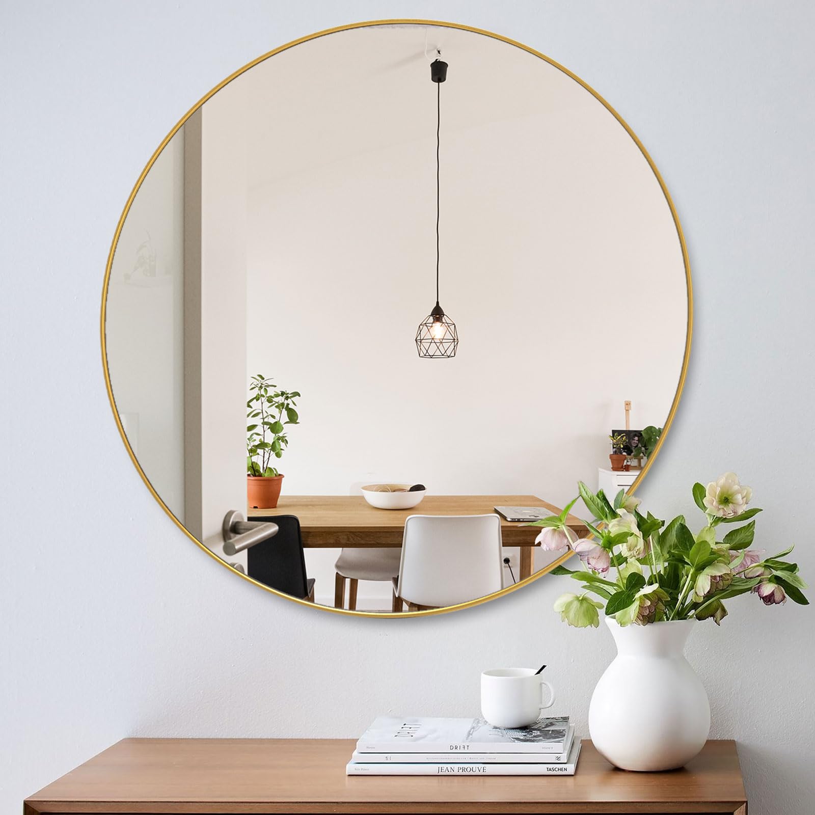 42 Inch Oversized Round Mirror - Modern Brushed Gold Metal Frame Circular Wall Mirror for Entryway, Bathroom & Living Room Decor - Perfect for Home, Office or Hotel Interior Design
