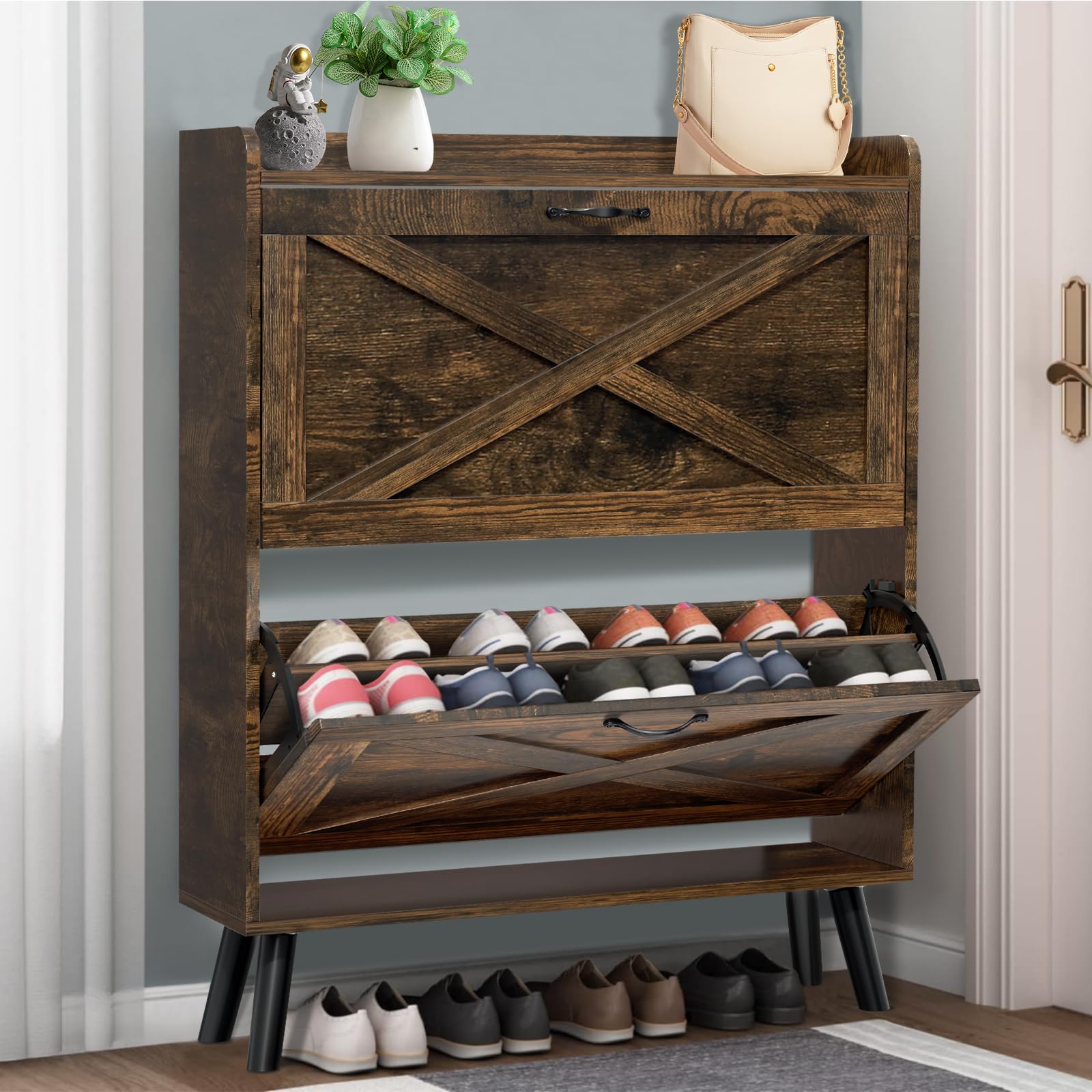 Betterland 2-Tier Flip-Drawer Shoe Storage Cabinet - Freestanding Shoe Organizer Rack for Entryway, Hallway & Living Room - Space-Saving Narrow Design (Large, Brown) - Perfect for Small Apartments & Closet Organization