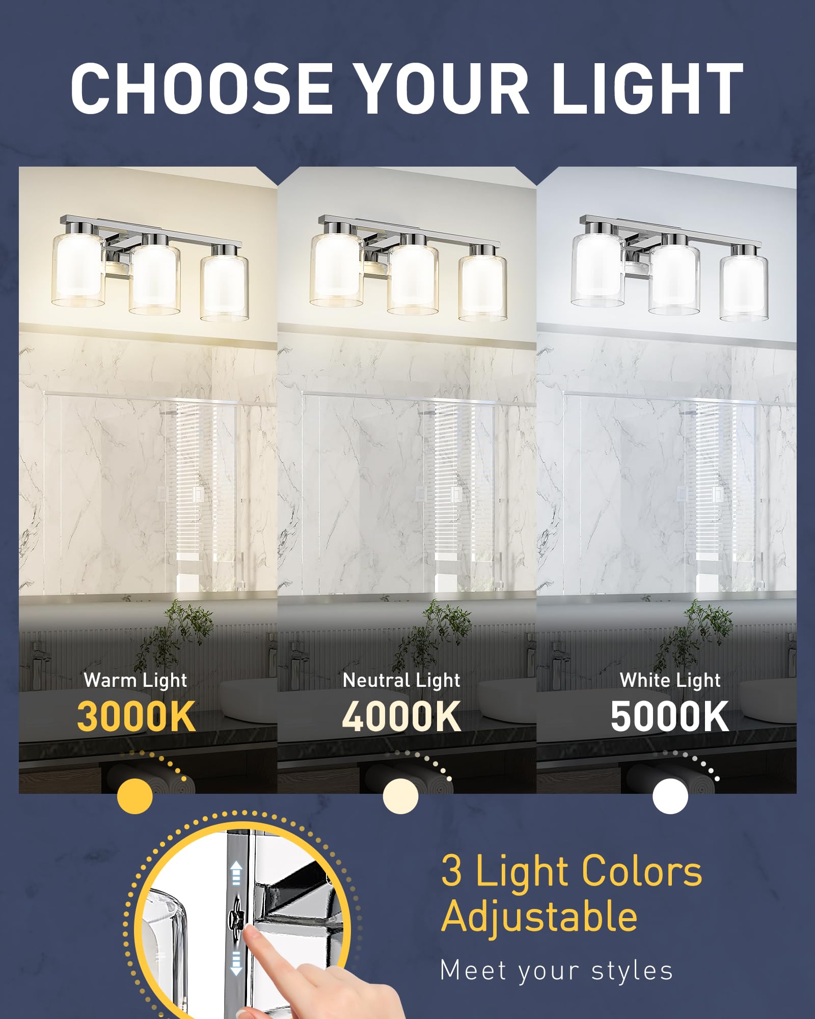 Kudos LED Vanity Lights for Bathroom - Modern Chrome 3-Light Bathroom Fixture with Clear & Frosted Glass, 3000K/4000K/5000K Adjustable Color Temperature (KDVL04-CH-3) - Perfect for Makeup, Shaving & Grooming in Modern Bathrooms