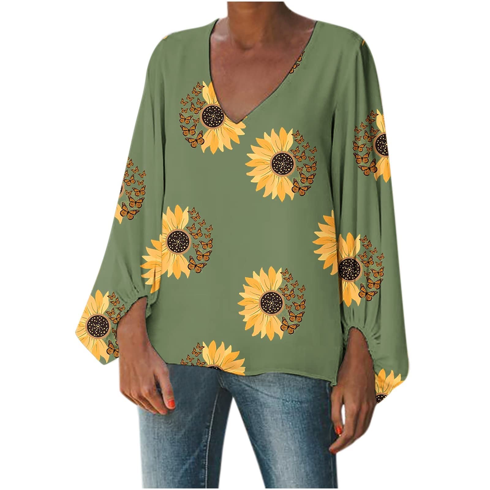 UODSVP Women's Linen Shirts - Floral Print T-Shirt with Lantern Sleeves & V-Neck | Elegant Loose Blouse for Casual Wear, Summer Outfits & Boho Style Fashion