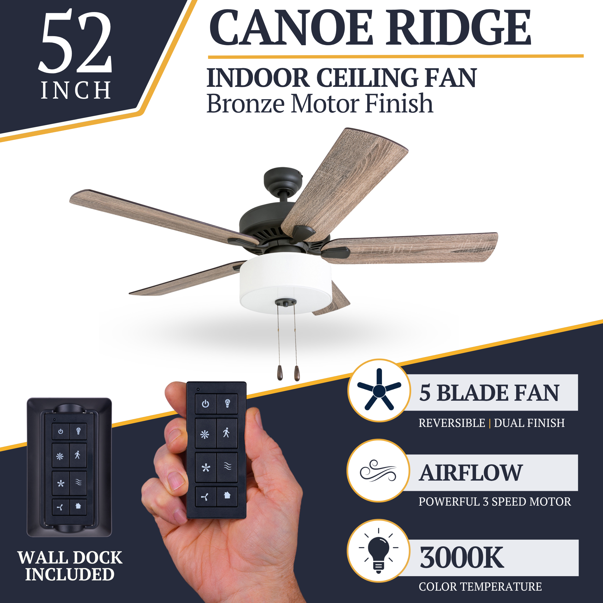 52 Inch Canoe Ridge Bronze Ceiling Fan with Remote Control - Perfect for Living Room, Bedroom, and Outdoor Patio Cooling