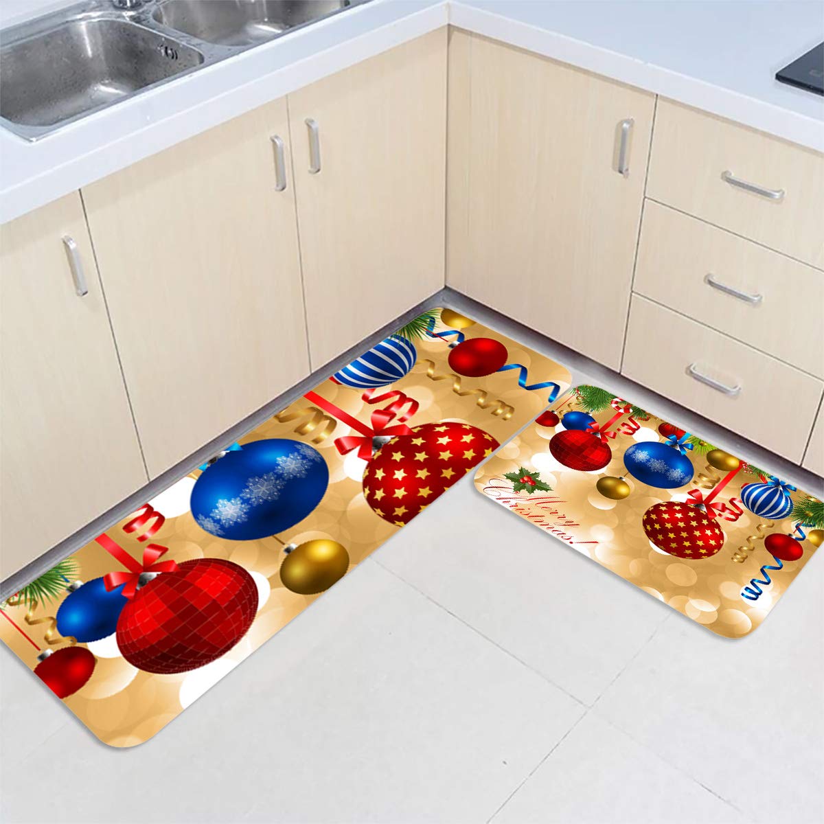 Non-Slip Christmas Kitchen Runner Rugs Set of 2 - Waterproof Floor Mats for Doorway, Bathroom & Kitchen Decor with Cedar Bell Ribbon Design | Holiday Home Decor, Gift Idea & Festive Housewarming