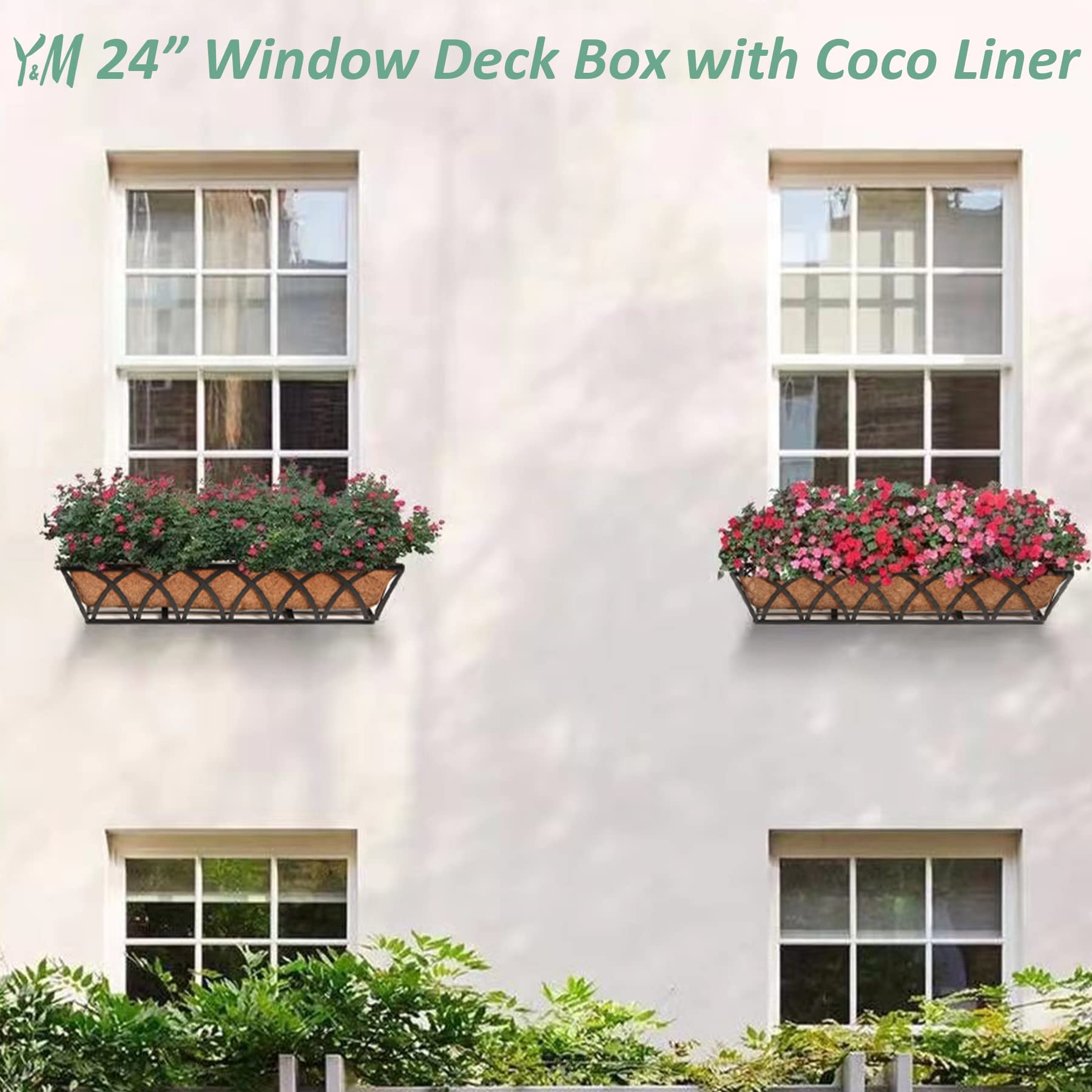 24 Inch Window Deck Planter Box with Coco Liner - 4 Pack Metal Hanging Flower Basket for Outdoor Garden, Lawn & Fence Decor - Perfect for Railing, Deck & Window Box Gardening
