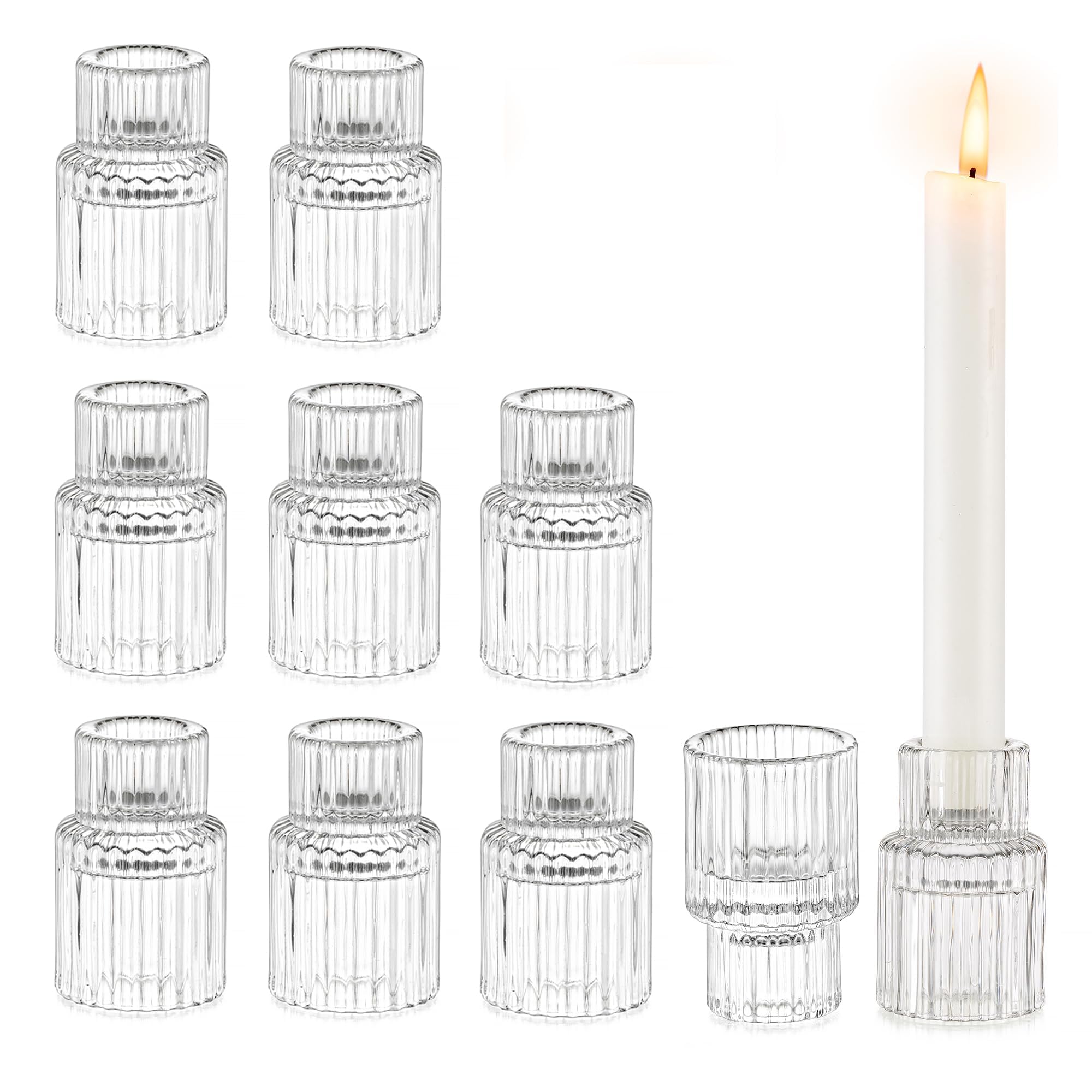 Glasseam Clear Glass Candle Stick Holders Set of 10 - Modern Ribbed Taper Candle Holders for Dining Table Centerpiece, Wedding Decor, Romantic Dinner Ambiance & Home Decoration
