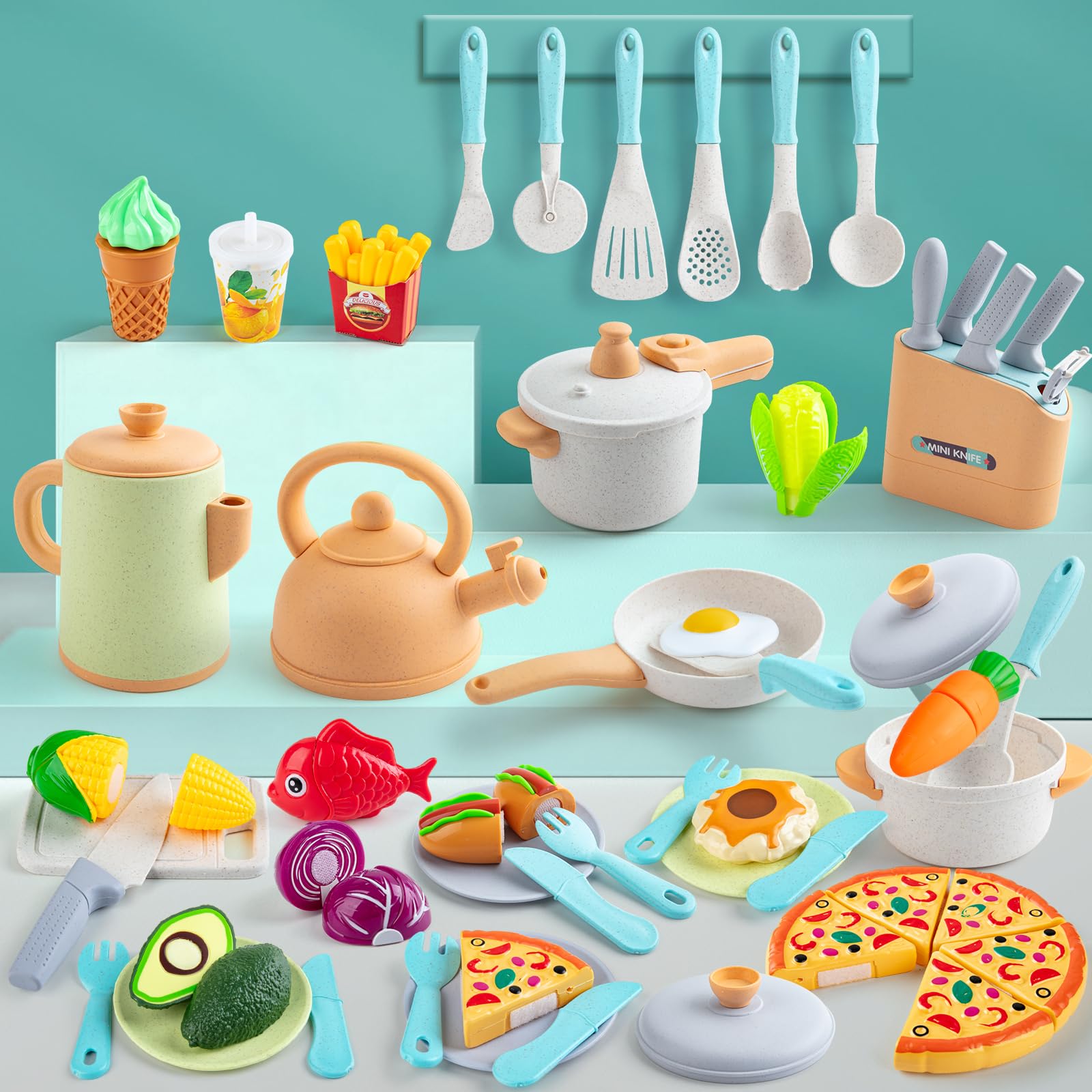 Sundaymot Kids Play Kitchen Accessories Set - Pretend Cooking Toys with Pots, Pans, Apron & Dishes | Educational Learning Toys for Toddlers & Preschoolers | Perfect Birthday Gift for Boys & Girls | Great for Role Play & Early Childhood Development