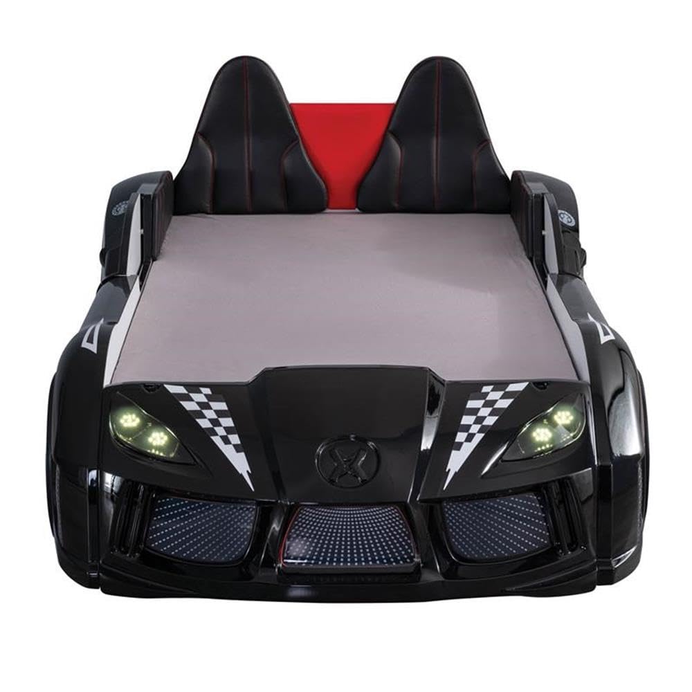 Furniture of America Sonet Plastic Twin Race Black Car Bed with LED Lights - Fun Kids Bedroom Decor for Boys & Girls, Perfect for Themed Rooms & Play Areas