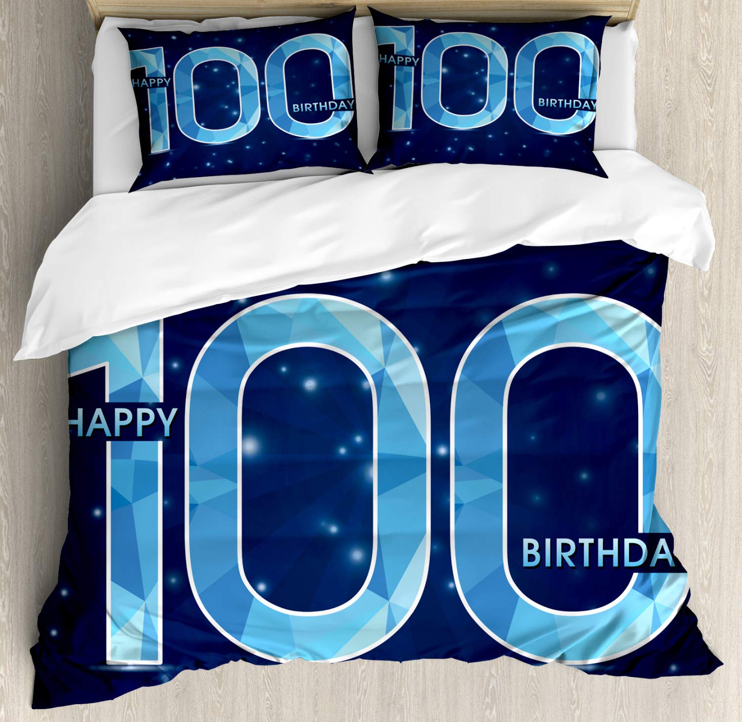 Ambesonne 100th Birthday Duvet Cover Set - Happy Century Party Print for Grandparents - 3 Piece California King Bedding Set with 2 Pillow Shams in Sky & Navy Blue - Perfect for Milestone Celebrations & Vintage Themed Bedrooms